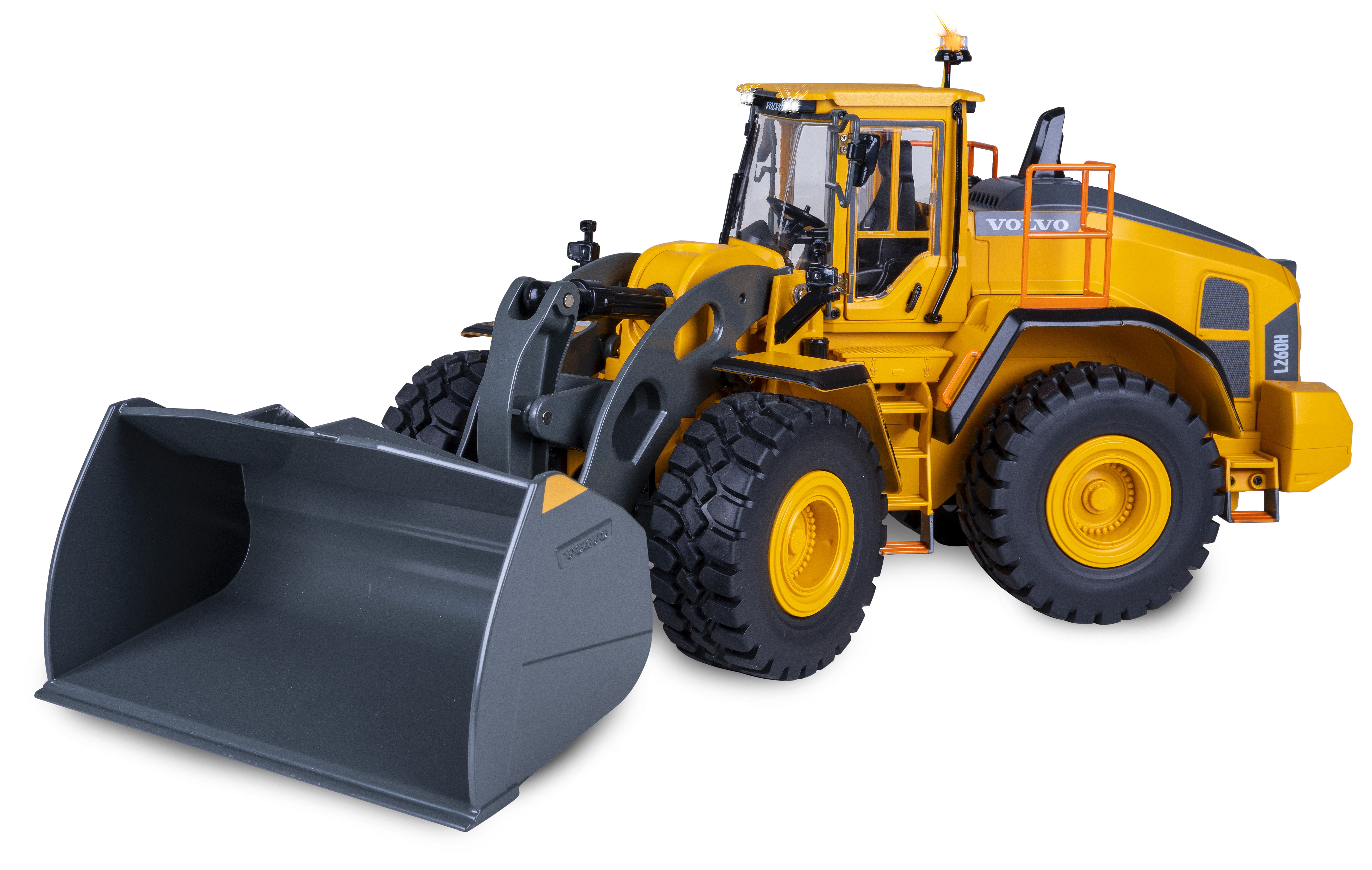 Ein gelbes Volvo L260H Radlader-Spielzeug. Es hat eine graue Schaufel und große schwarze Reifen auf weißem Hintergrund.