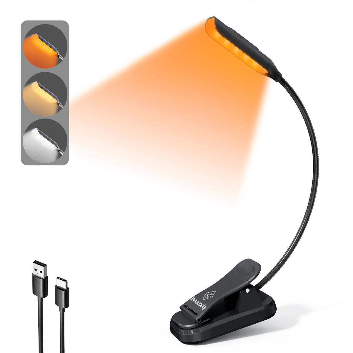 Schwarze Clip-On-Leselampe mit verstellbarem Arm, beleuchtet mit orangefarbenem Licht. Enthält USB-Kabel und Lichtfarboptionen.