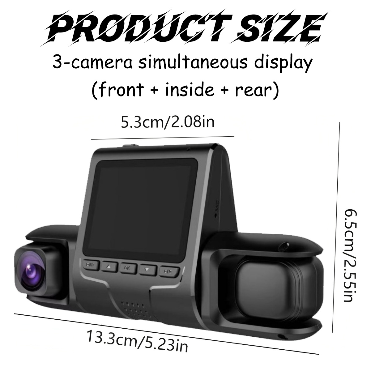Schwarze Dashcam mit drei Kameras, einem Bildschirm und Knöpfen, misst 13,3 cm. Text zeigt "PRODUKTGRÖSSE" und Kameraansichten.