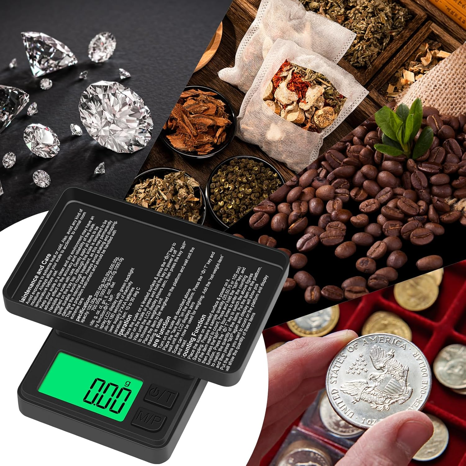 Eine Collage zeigt Diamanten, Kräuter, Kaffeebohnen und eine Waage. Eine Hand hält eine Münze.