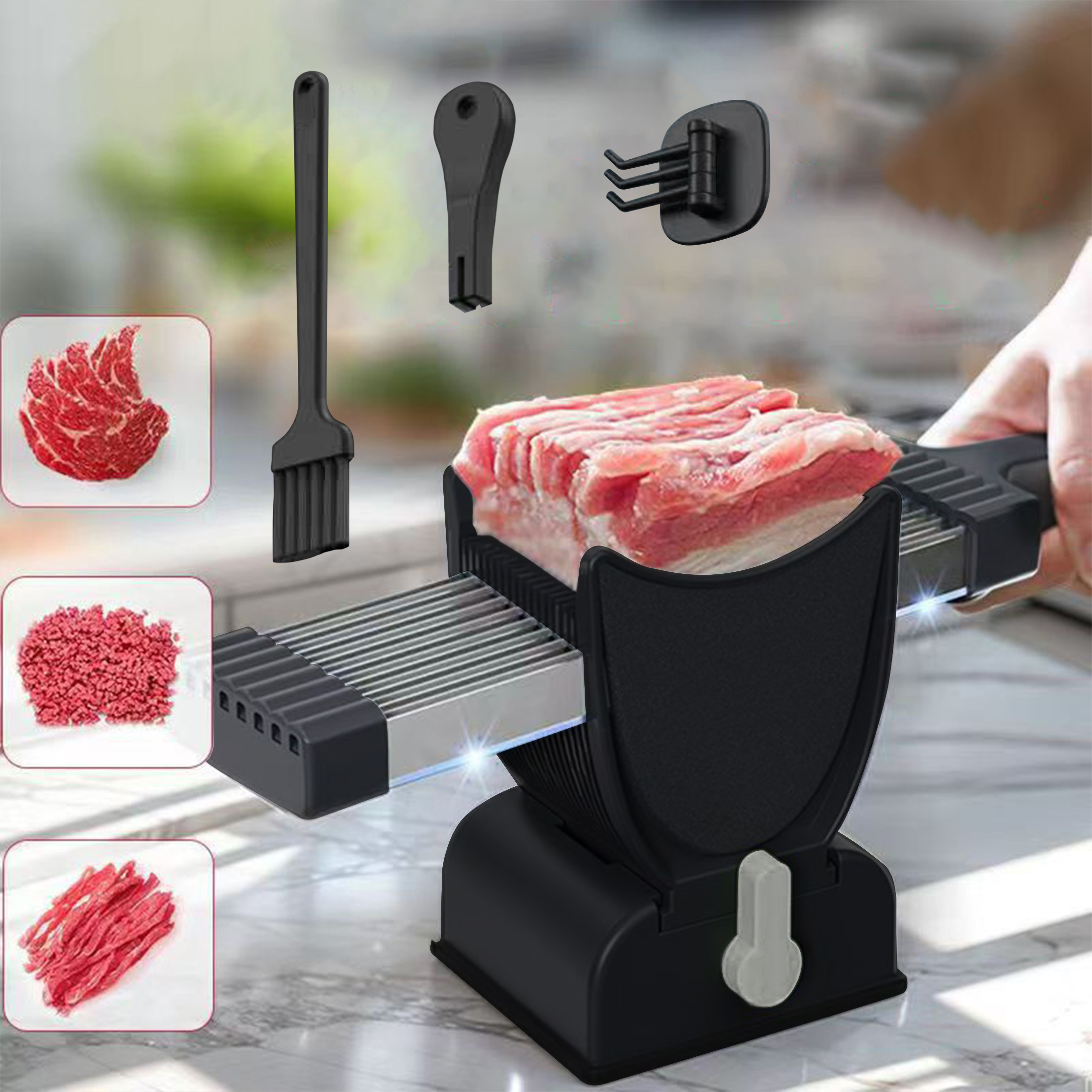 Ein Fleischschneider mit Bürste, Haken und drei Fleischproben. Eine Hand schneidet mit dem Schneider Fleisch. Weiß und Schwarz dominieren.