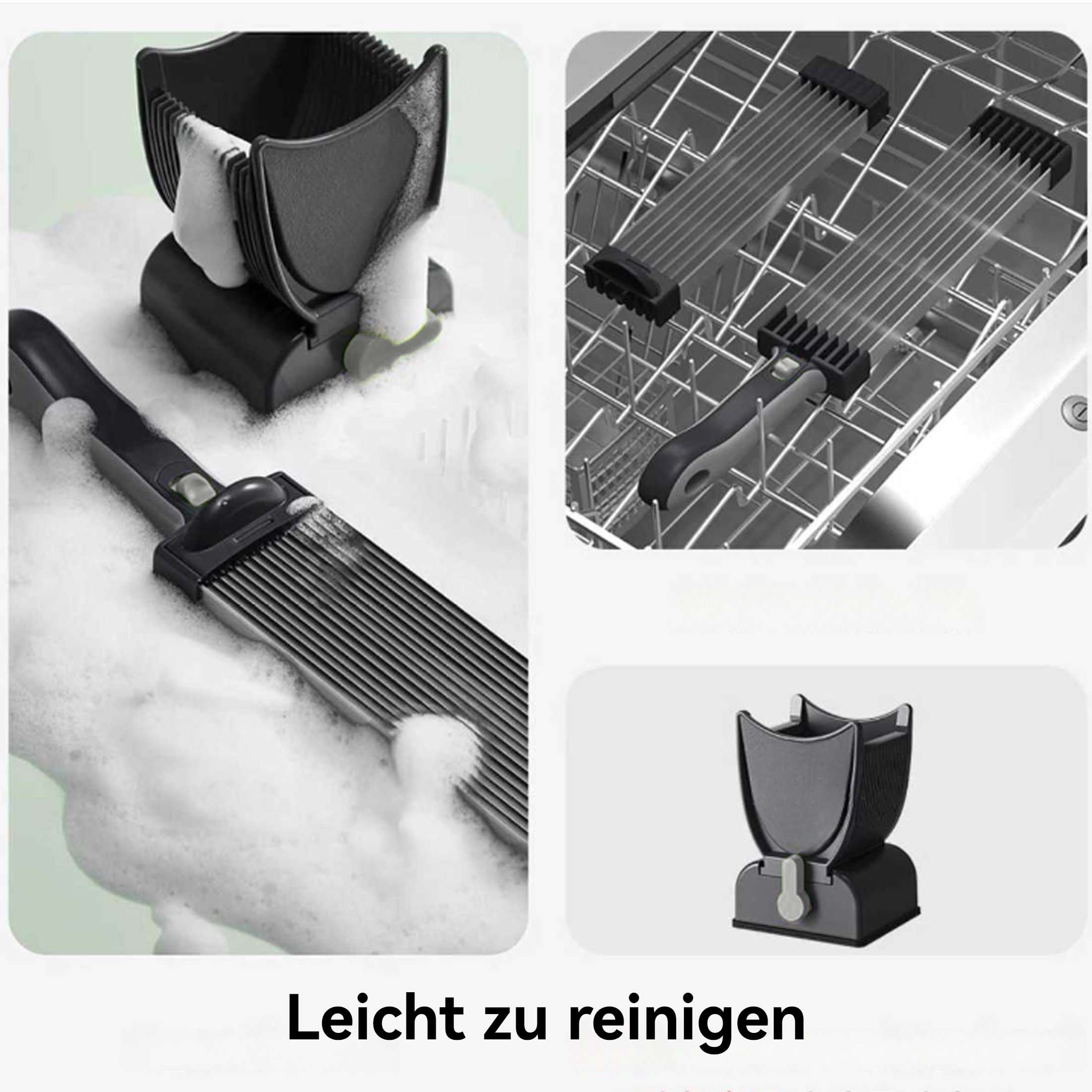 Das Bild zeigt Reinigungswerkzeuge. Eine Bürste, ein Schwamm und ein Geschirrkorb-Organizer. Alle sind schwarz.