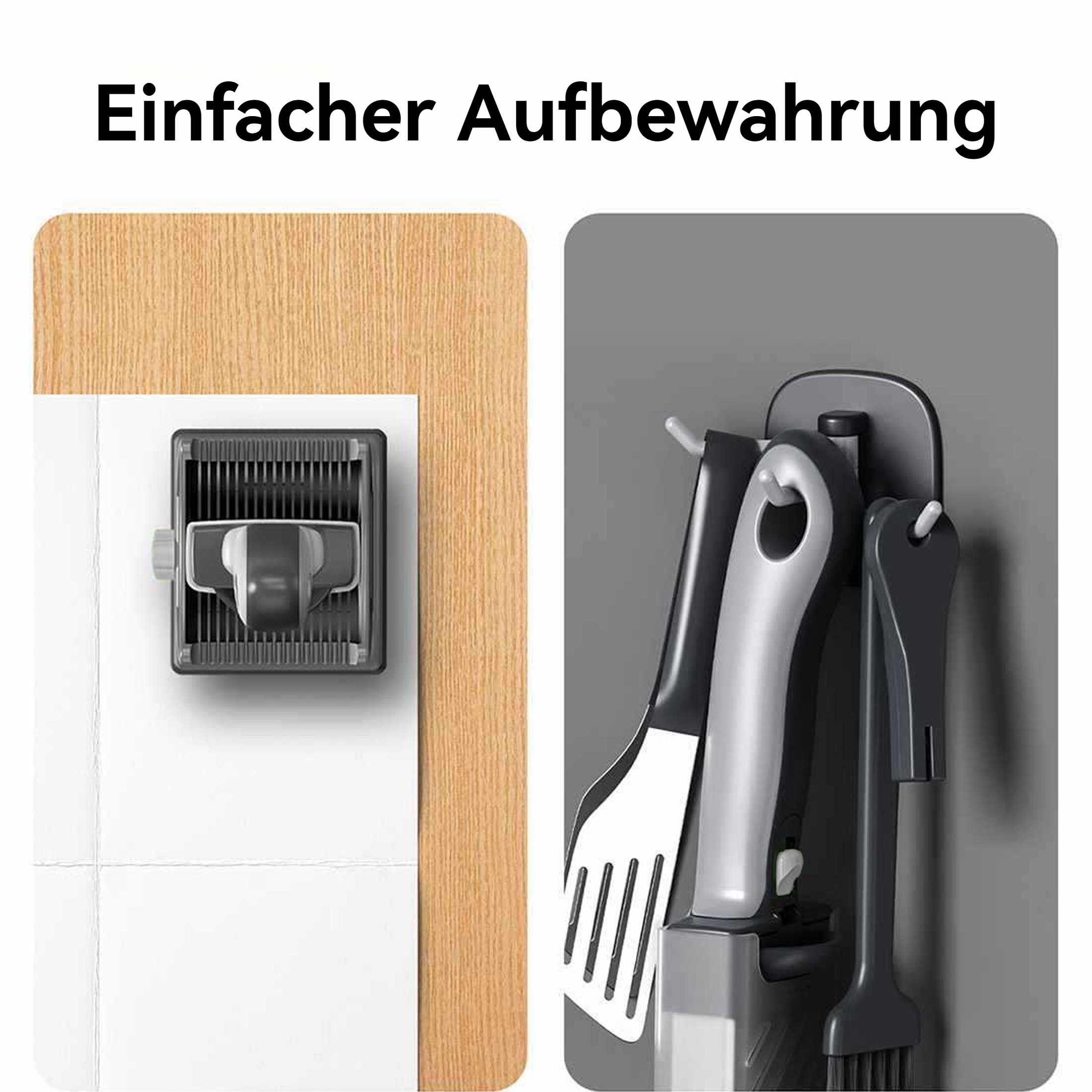 Produktbild zeigt einen Küchenutensilienhalter. Links ist ein Mopphalter abgebildet. Rechts hängen Küchenutensilien.