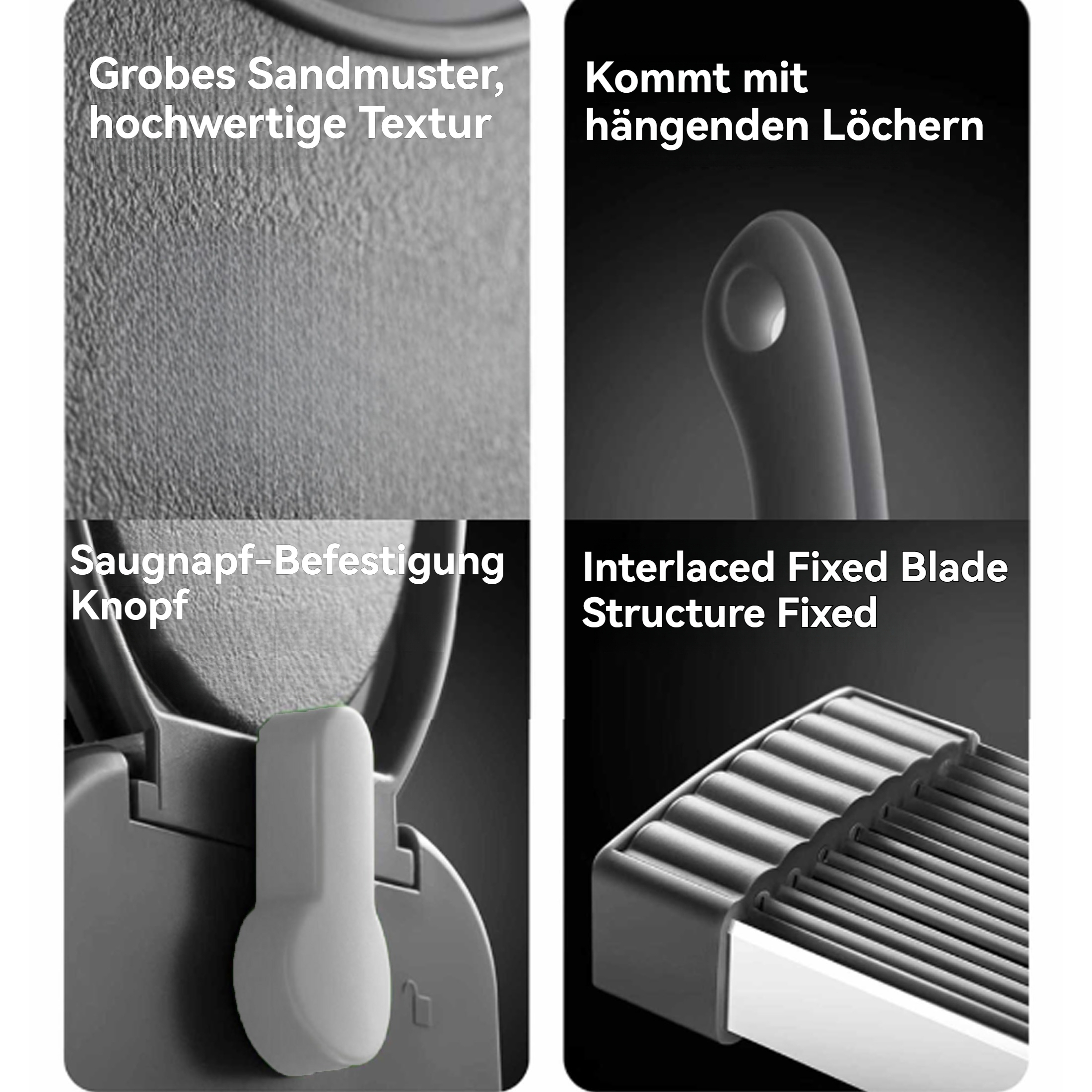 Bildabschnitte zeigen strukturierte Oberfläche, hängendes Loch, Saugnapfknopf und eine Klingenstruktur. Alle Elemente haben dunkle Grautöne.