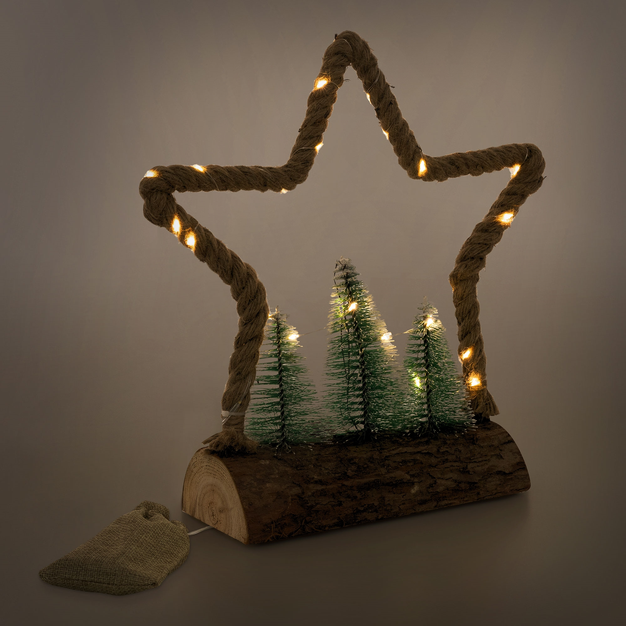 Ein sternförmiger Weihnachtsschmuck. Es hat einen Seilrahmen mit Lichterketten. Innen befinden sich kleine Bäume auf einem Holzsockel mit einem Sack.