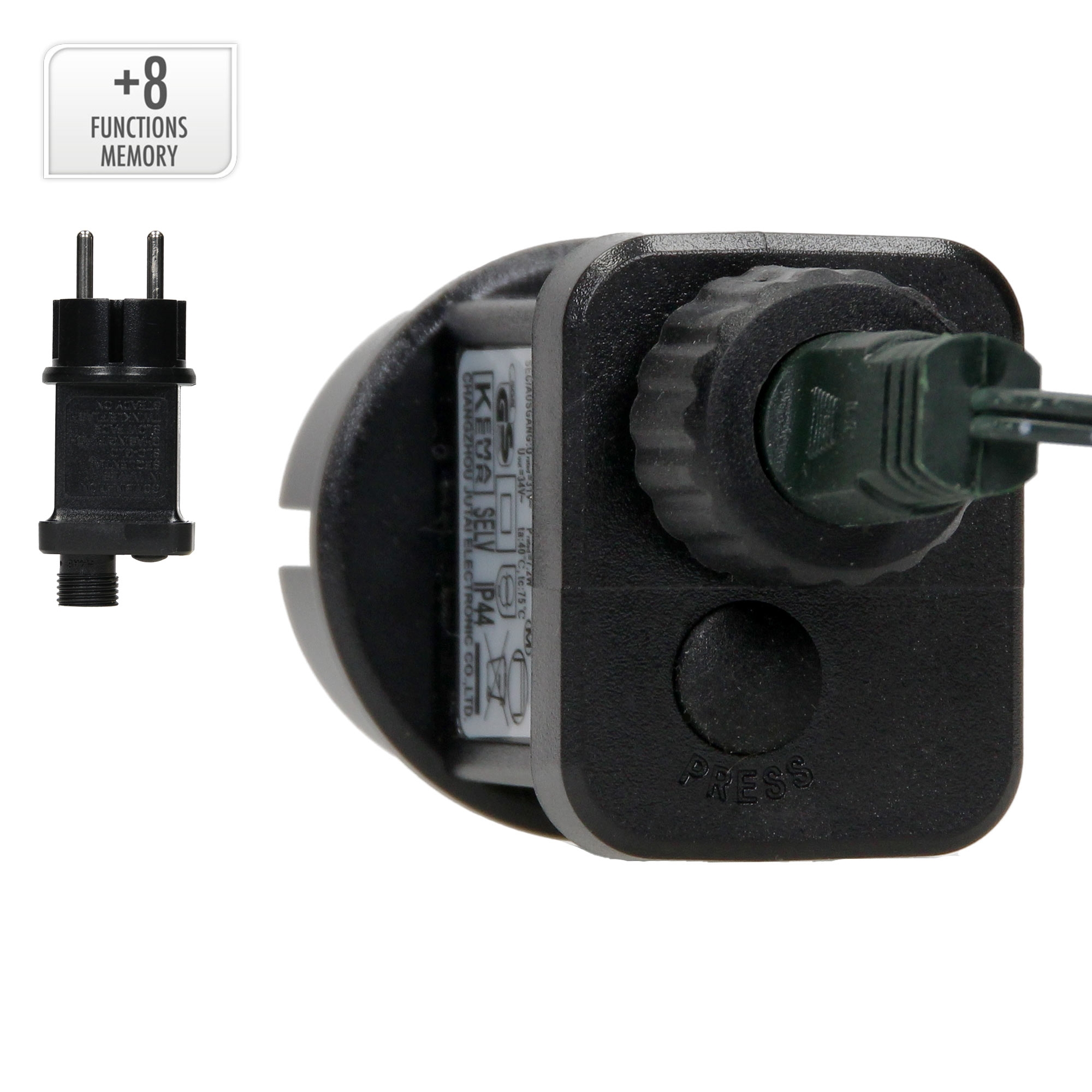 Ein schwarzer Netzadapter mit einem grünen Kabel. Der Adapter hat ein Rad und einen Knopf mit der Aufschrift 'PRESS'.