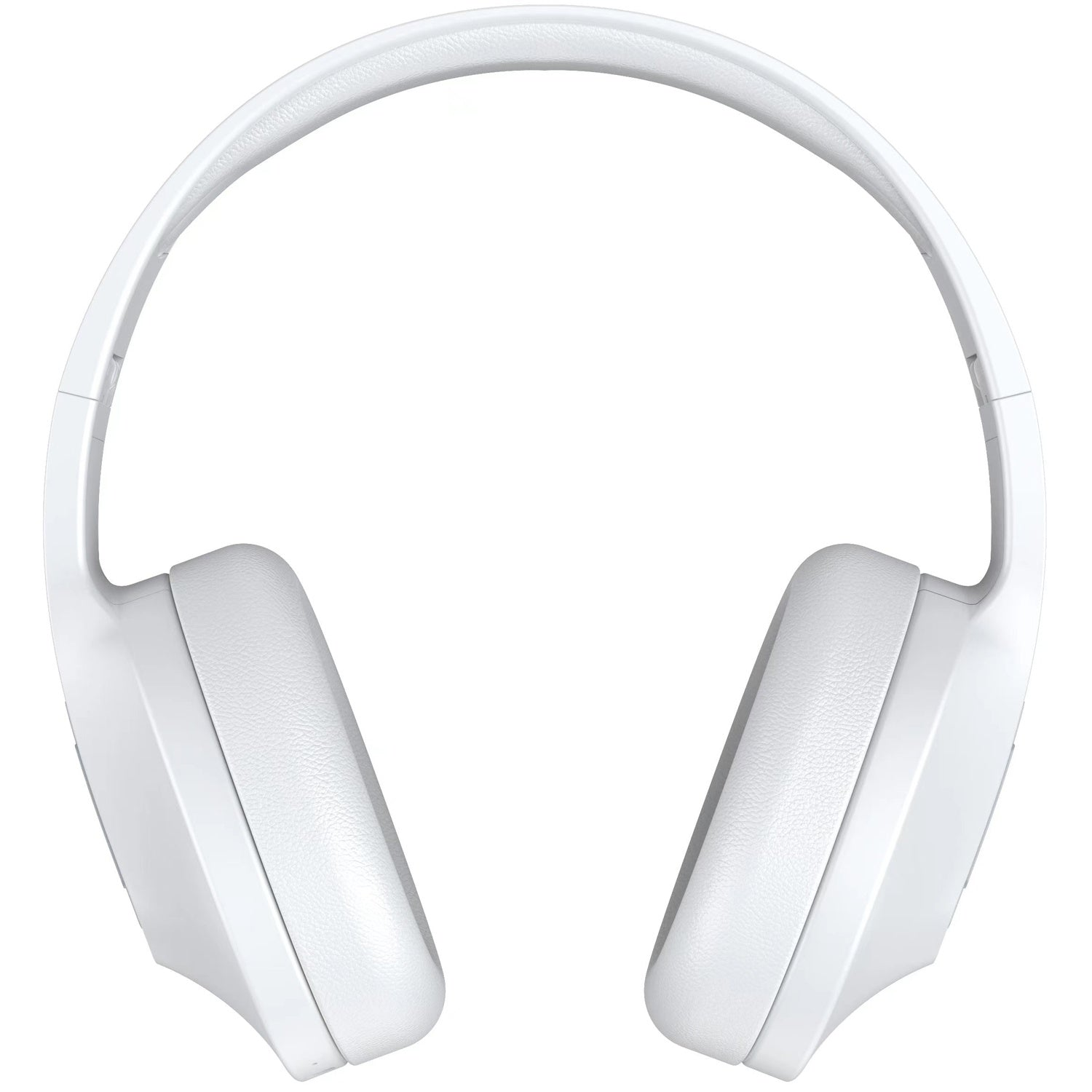 Un paio di cuffie bianche. Le cuffie sono over-ear, con archetto e padiglioni imbottiti su sfondo bianco.