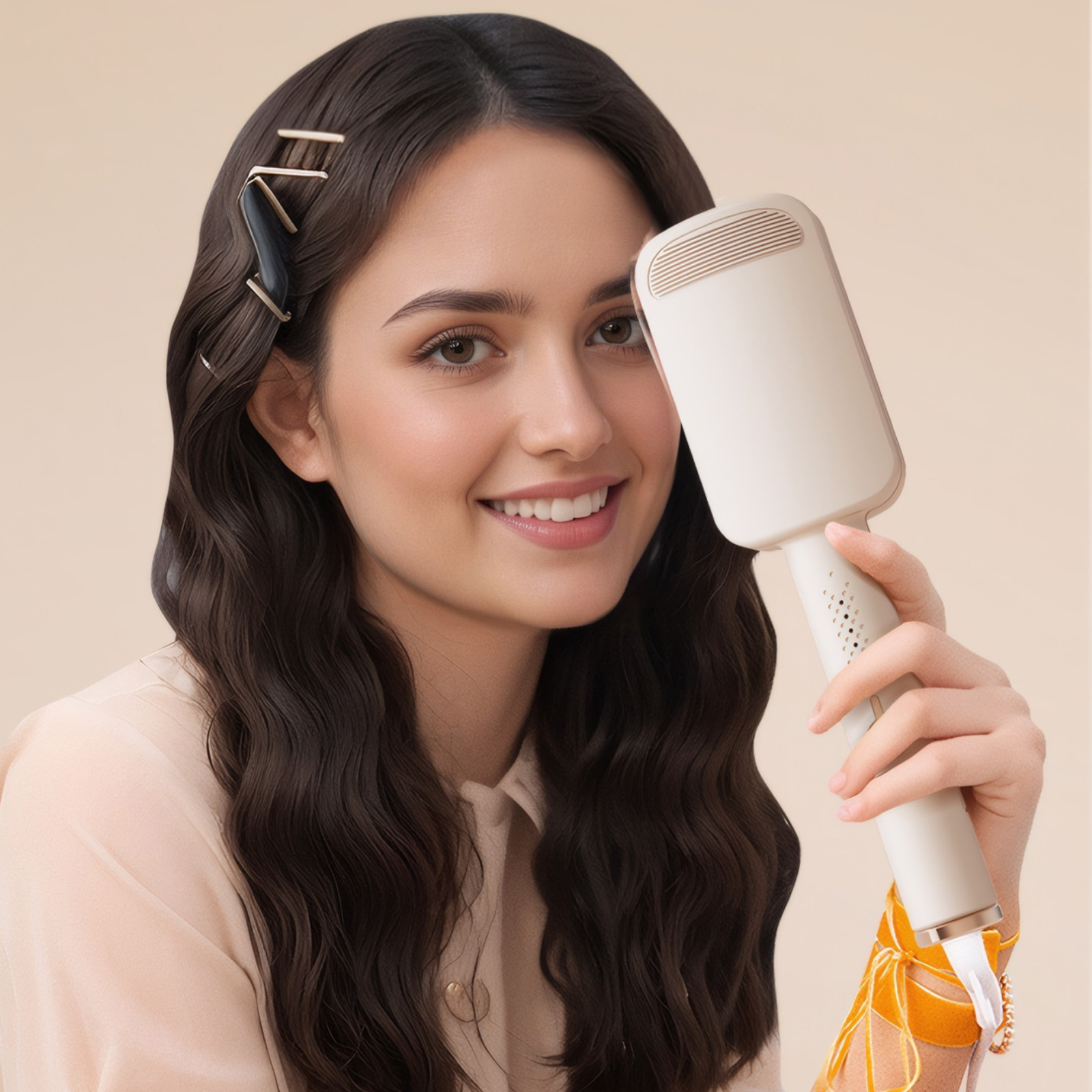 Frau mit welligem, dunklem Haar hält ein cremefarbenes Haarstyling-Werkzeug. Sie lächelt, mit Haarspangen und einem Armband.