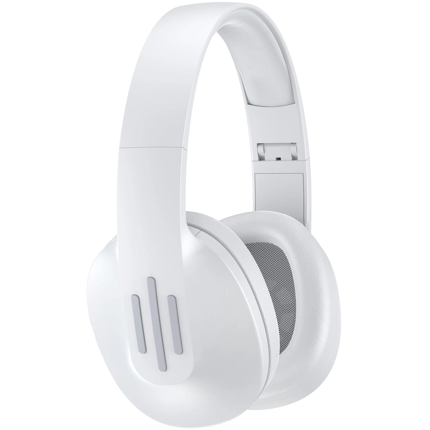 Cuffie bianche su sfondo bianco. Le cuffie hanno un design arrotondato e tre linee verticali grigie sul lato.