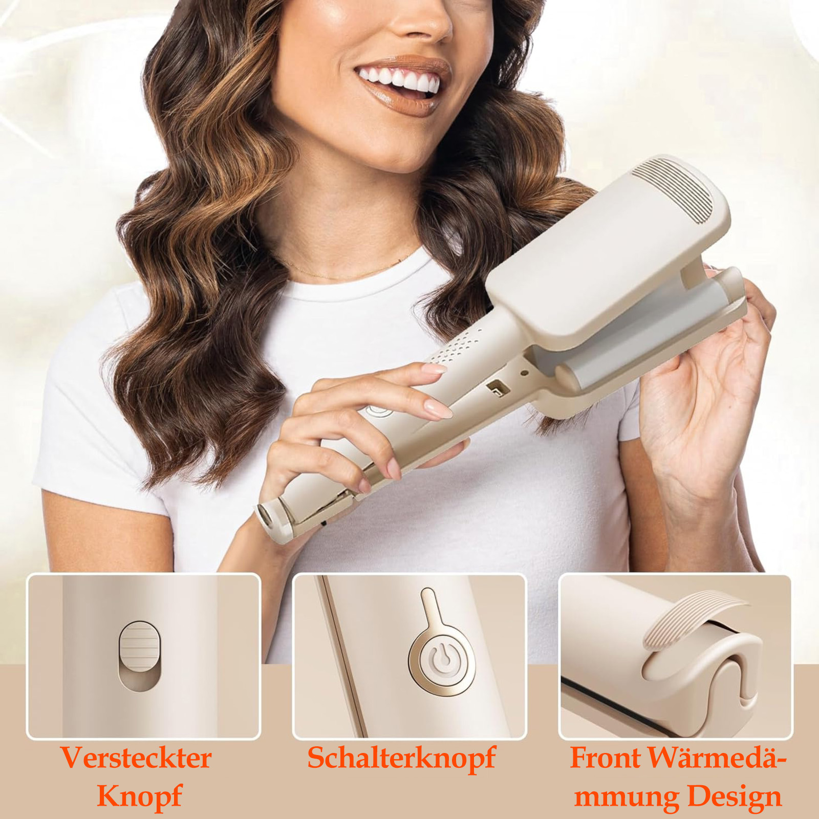 Eine Frau hält ein beiges Haarglätteisen. Nahaufnahmen zeigen den Knopf, den Ein-/Ausschalter und das Design. Sie lächelt.