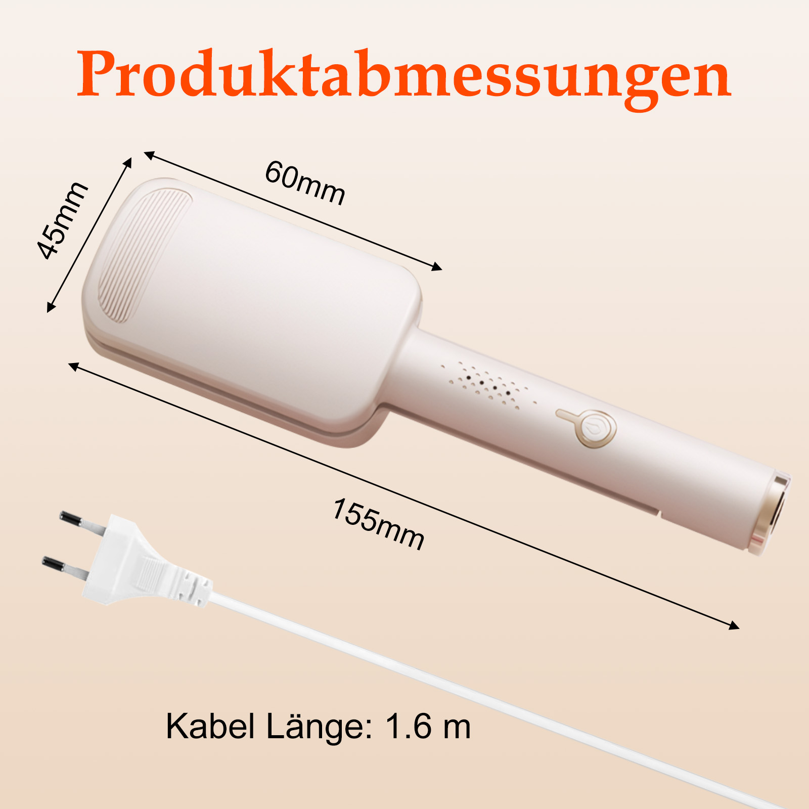 Ein weißer Haarglätter mit Maßen. Das Bild enthält einen Stecker und ein Kabel sowie Text.