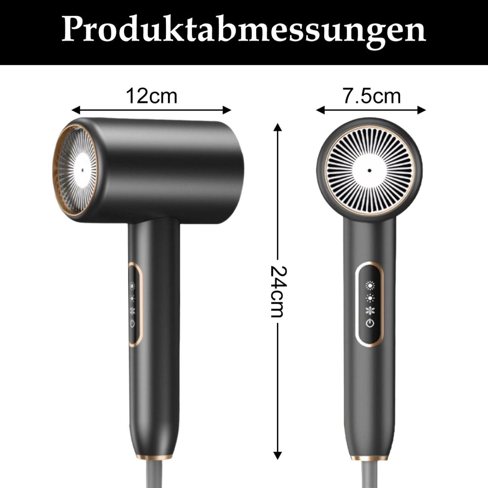 Das Bild zeigt einen schwarzen Haartrockner mit Größenangaben. Der Text Produktabmessungen steht oben.
