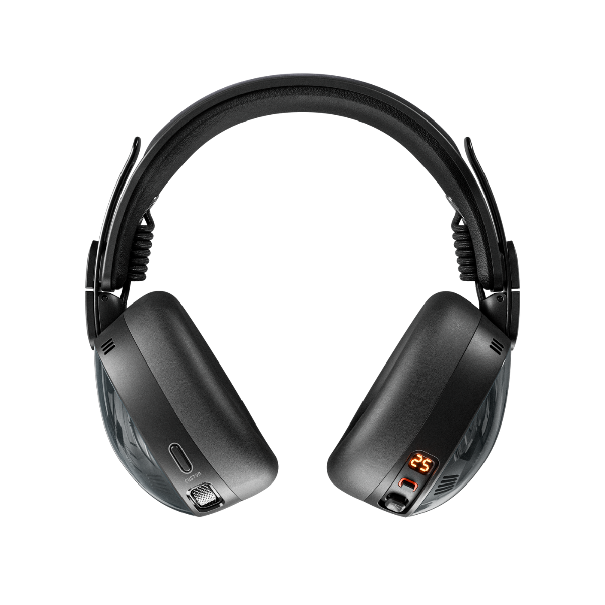Czarne słuchawki, widok z góry. Wyświetlacz cyfrowy pokazuje '25'. Widoczny przycisk 'Custom'. Przezroczyste plastikowe boki. Białe tło.