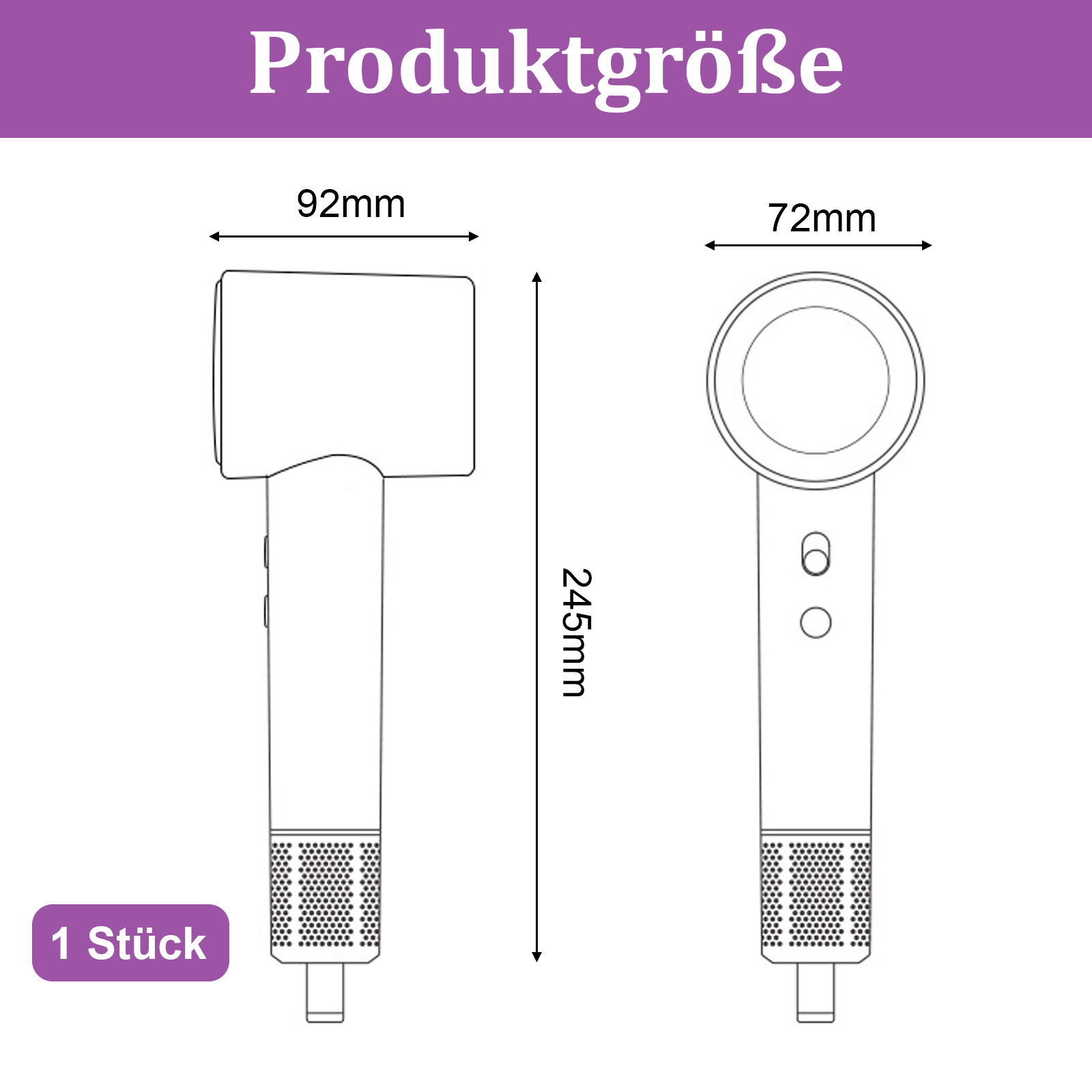 Diagramm zeigt Produktabmessungen: 92 mm breit, 72 mm Durchmesser und 245 mm Länge. Enthält Text 'Produktgrösse' und '1 Stück'.