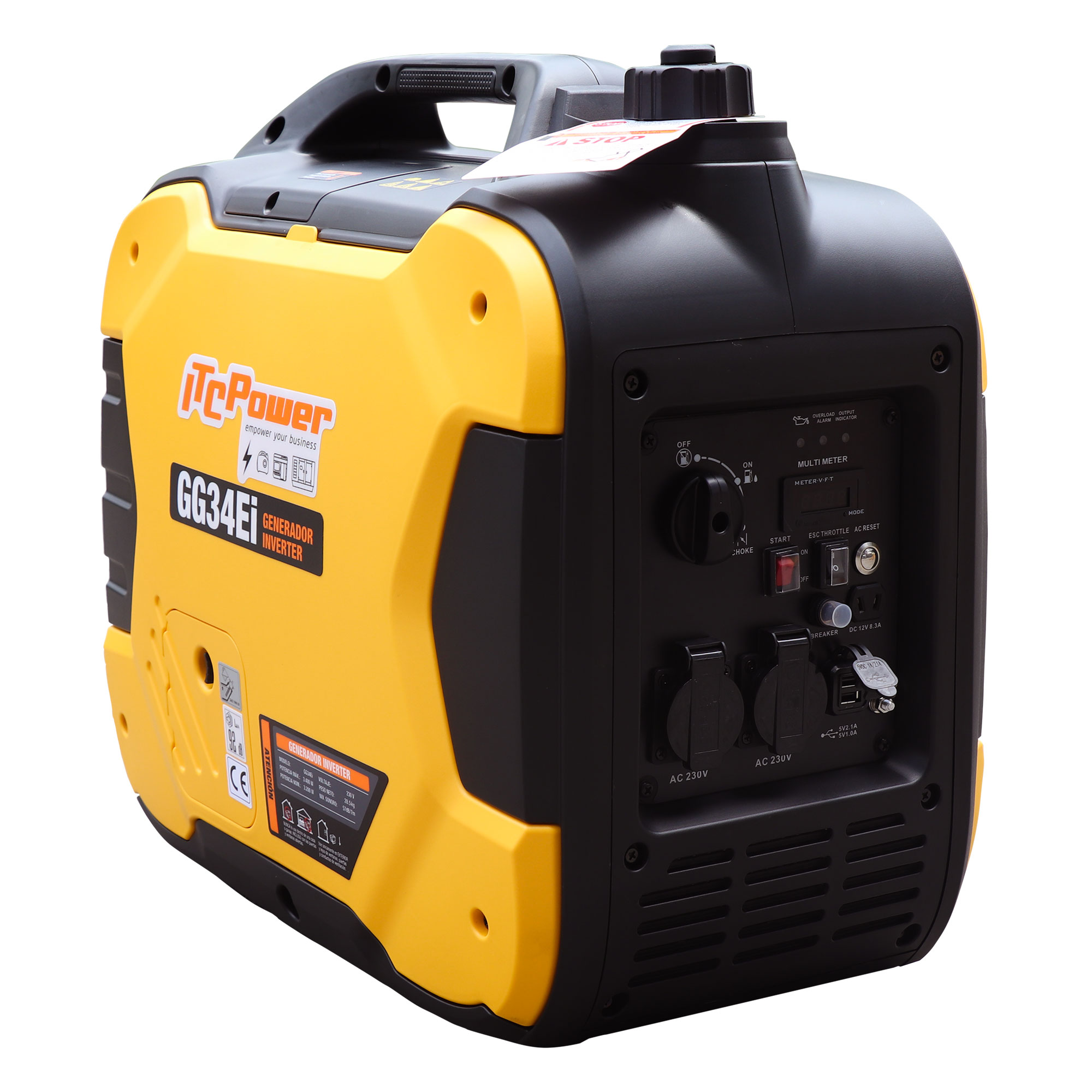 Generador amarillo y negro con asa, panel de control y enchufes. La etiqueta dice GG34EI Generador Inversor.