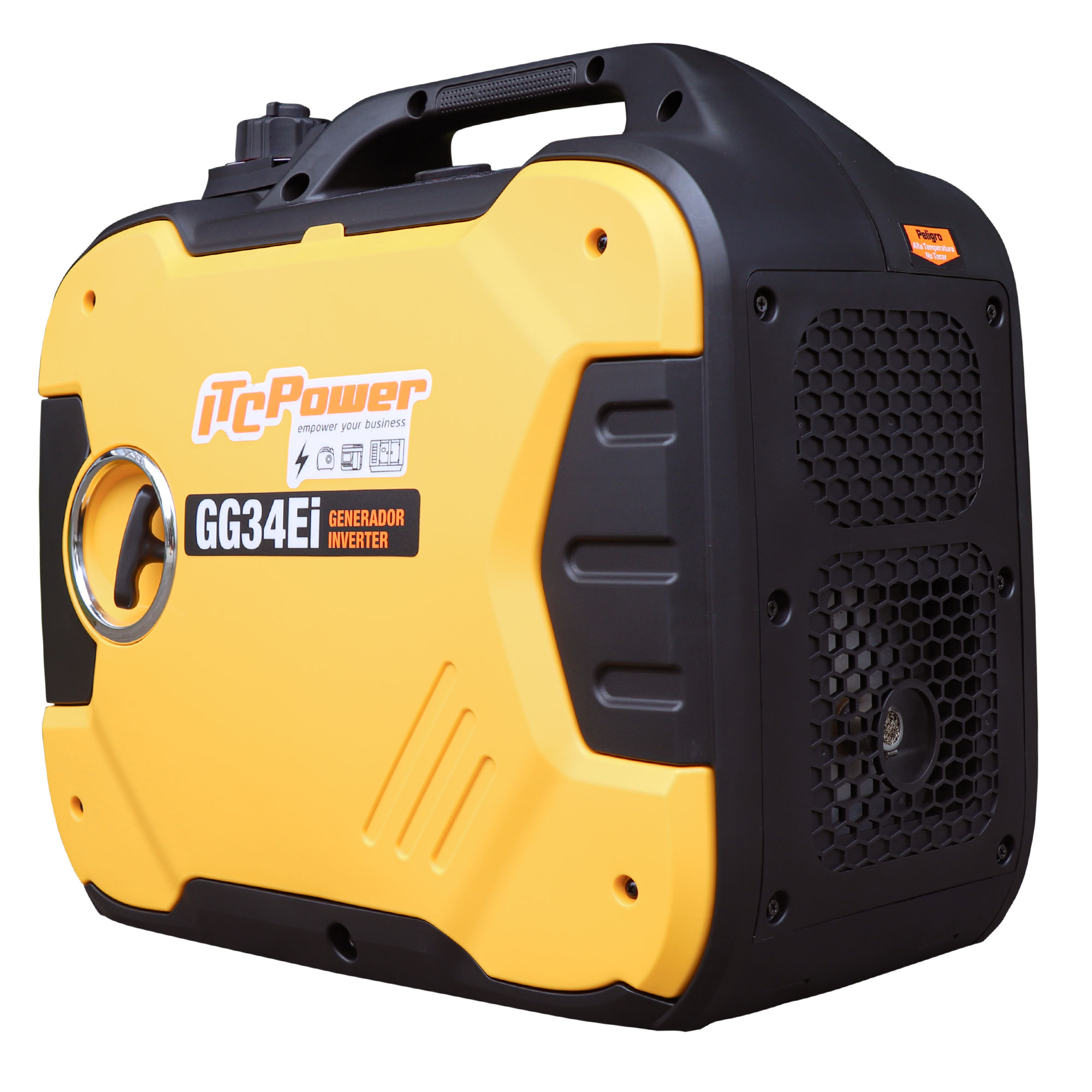 Un generador TC Power amarillo y negro. Tiene un asa en la parte superior y el nombre GG34EI en el frente.