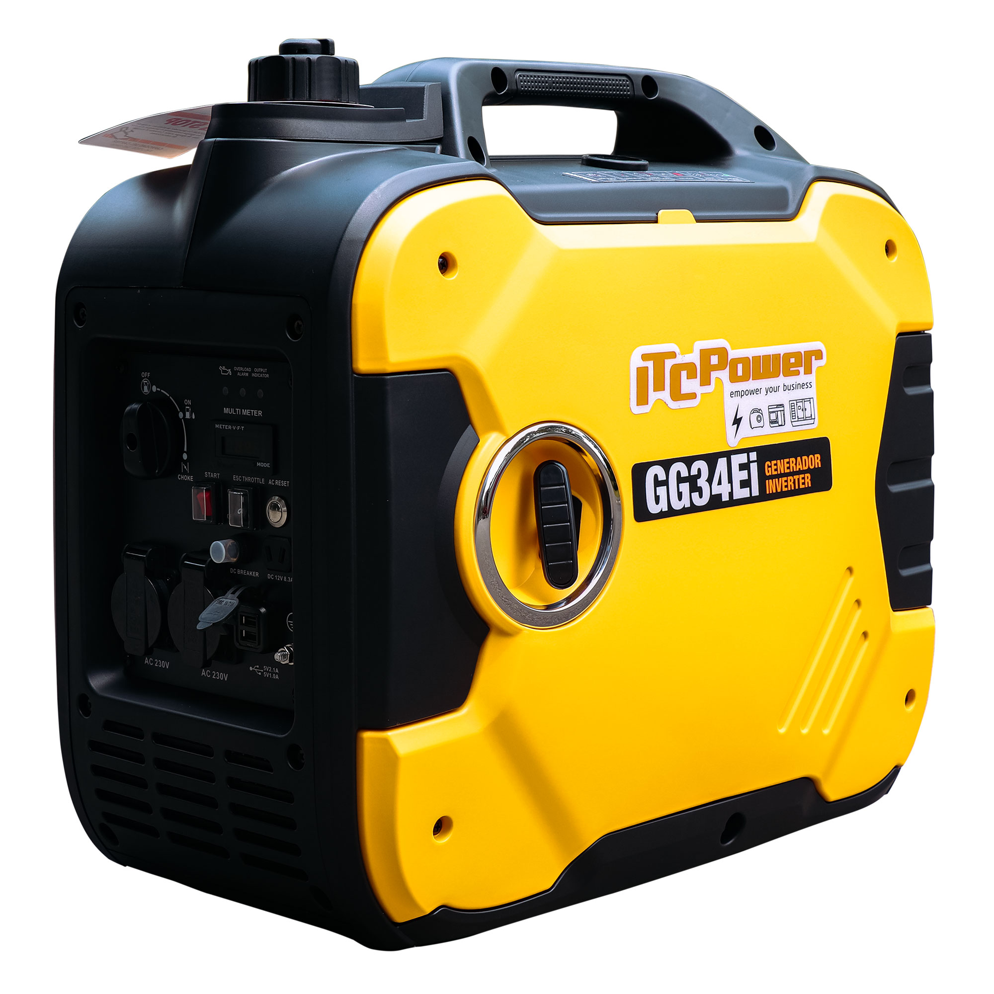 Un generador amarillo y negro con asa, panel de control y el texto "TcPower GG34Ei GENERADOR INVERTER".