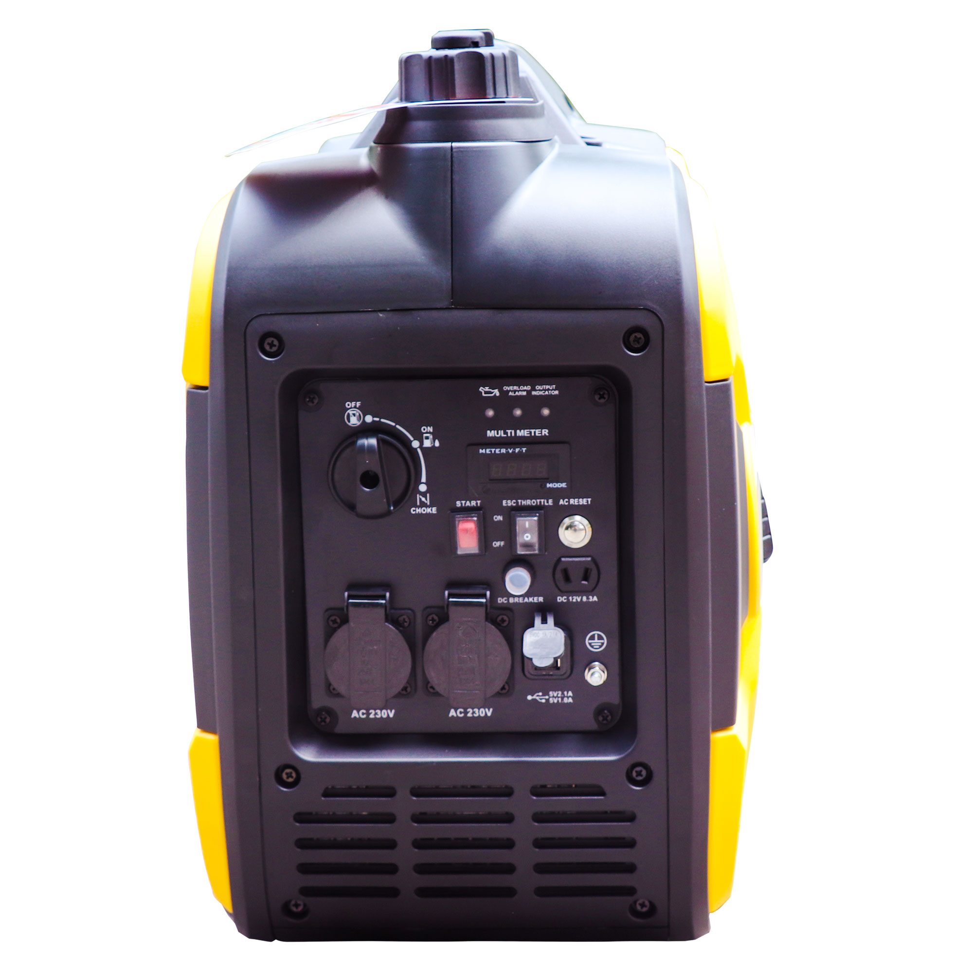 Un generador amarillo y negro, que muestra un panel de control con enchufes, interruptores y pantalla digital, aislado sobre fondo blanco.