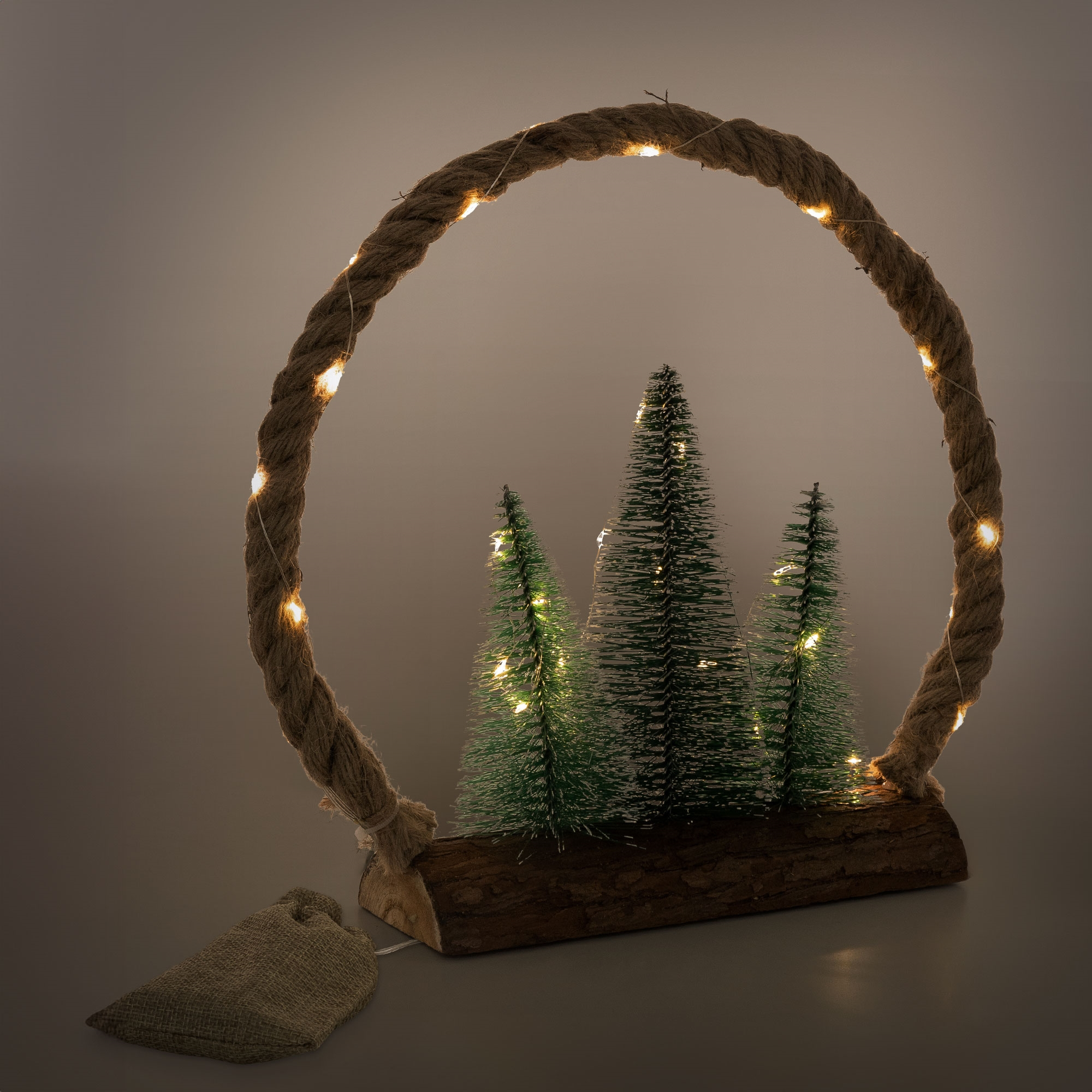Weihnachtsdekoration mit einem Seilkreis, der von Lichtern beleuchtet wird. Darin befinden sich drei kleine grüne Weihnachtsbäume.