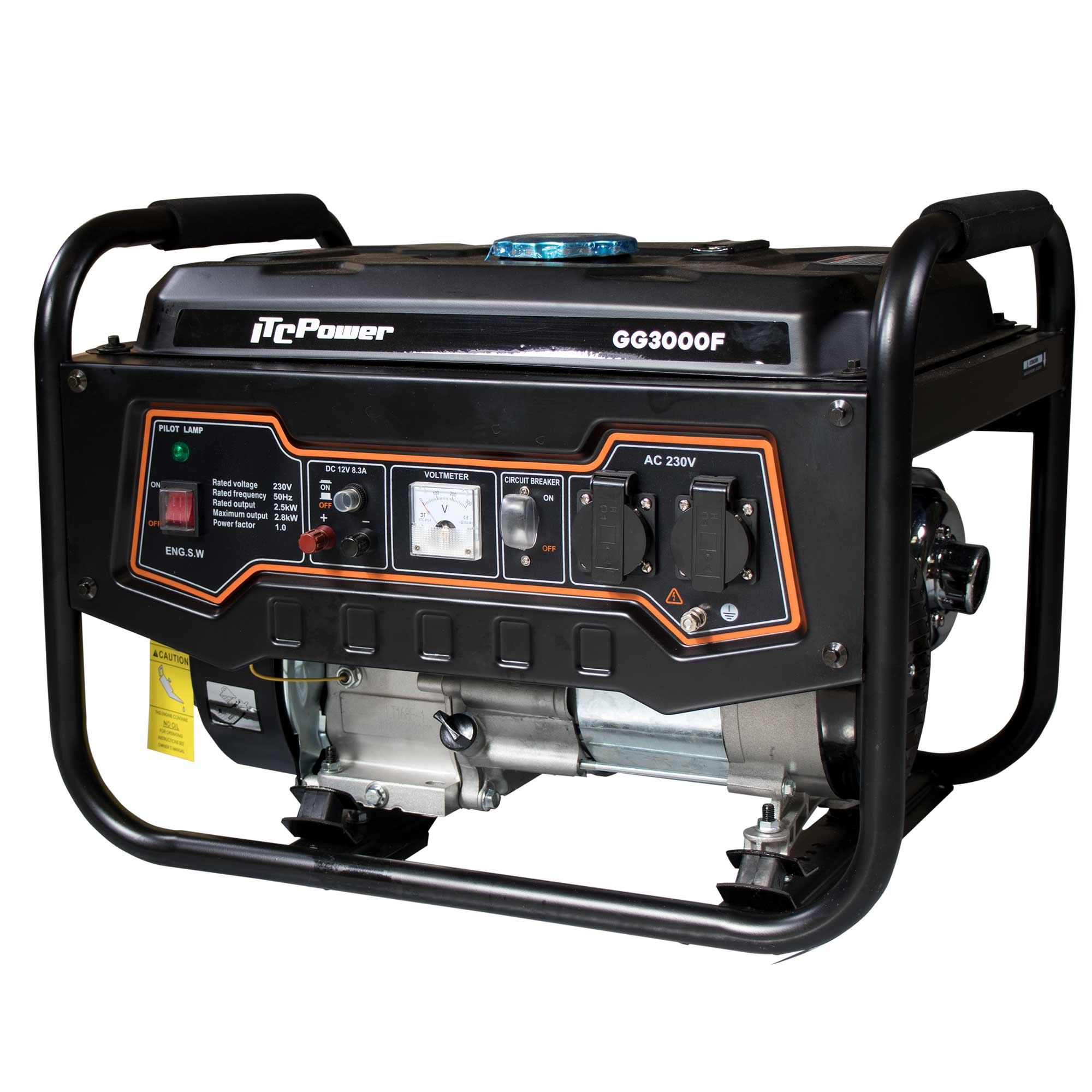 Un generador negro y naranja con panel de control, tapa de combustible y asa. Tiene una lámpara piloto y varios enchufes eléctricos.