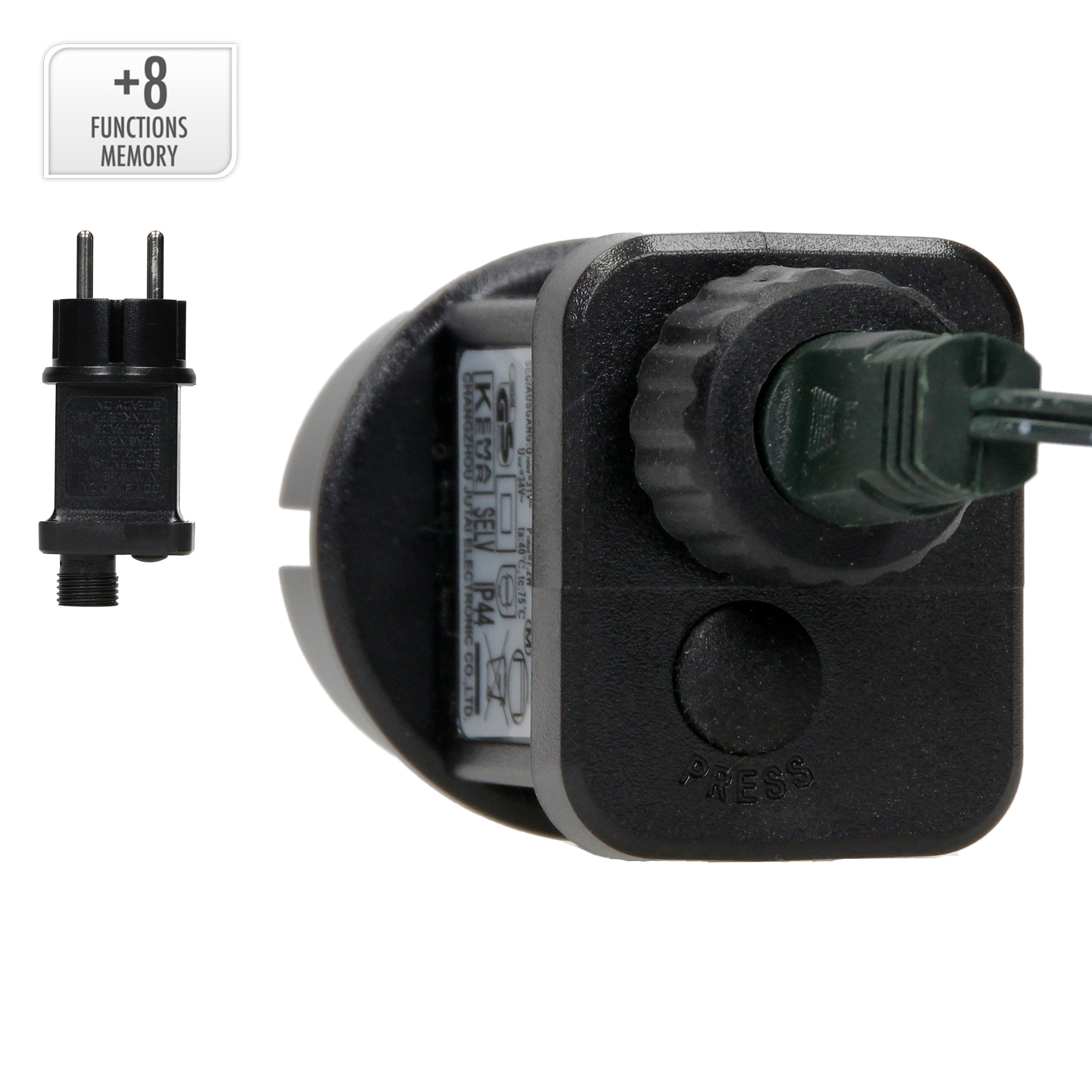 Ein schwarzer Elektroadapter mit grünem Kabel ist an ein schwarzes Steuermodul angeschlossen. Links ist ein Stecker.