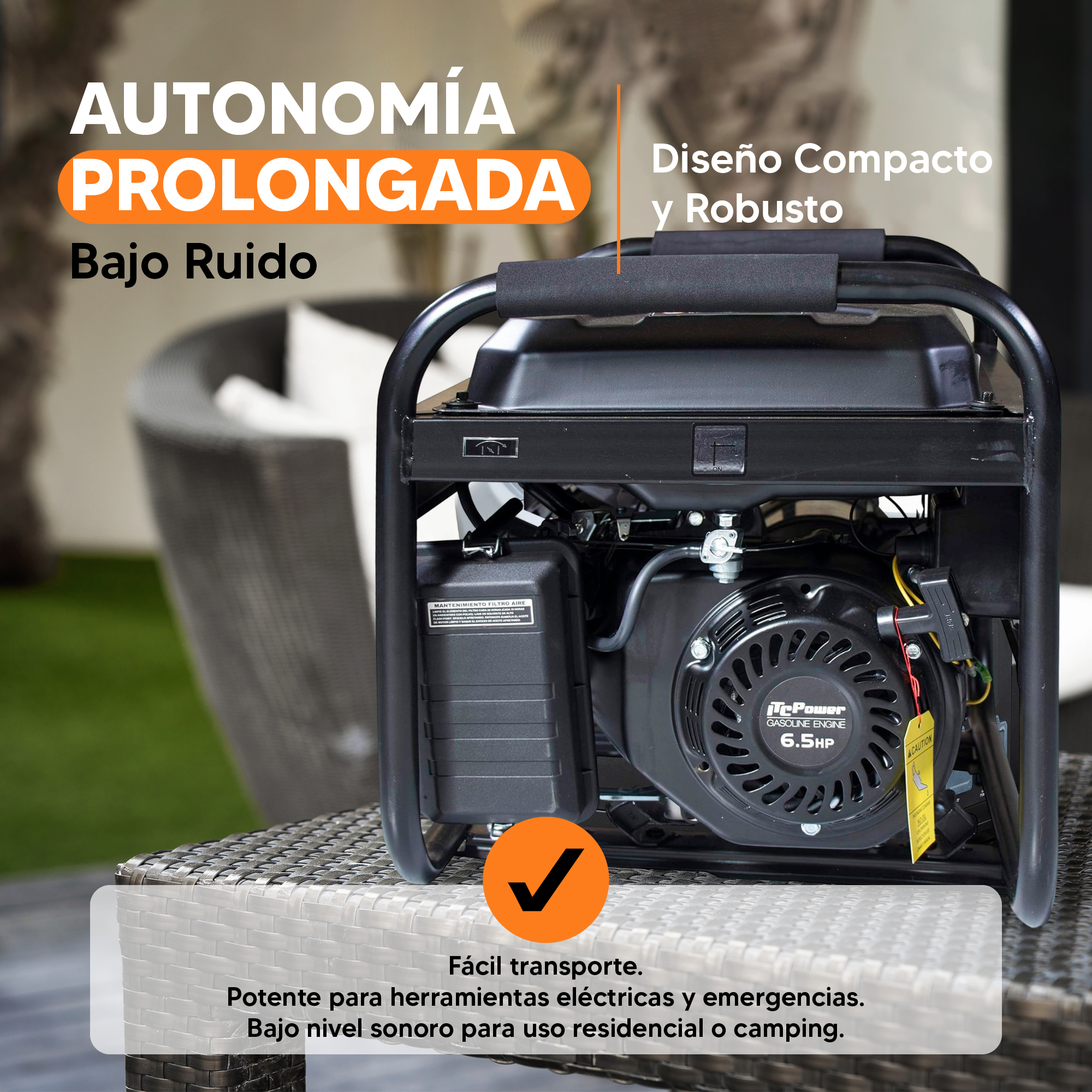 Un generador negro sobre una mesa tejida. El texto superior dice 'Autonomía prolongada' y 'Bajo ruido'. Un icono de marca de verificación es visible.