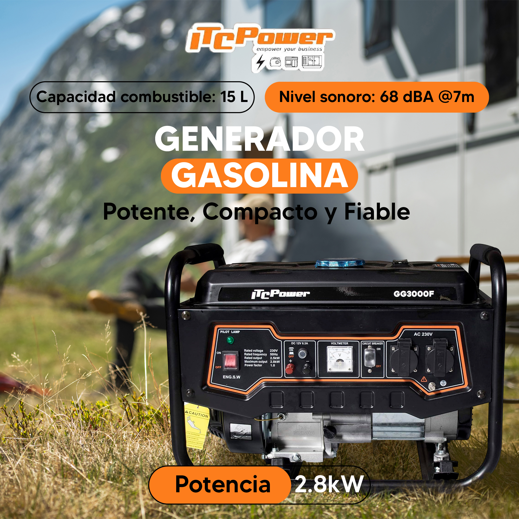 Un generador negro con texto naranja. Tiene una capacidad de combustible de 15L y una potencia de 2.8kW. El fondo muestra una montaña.