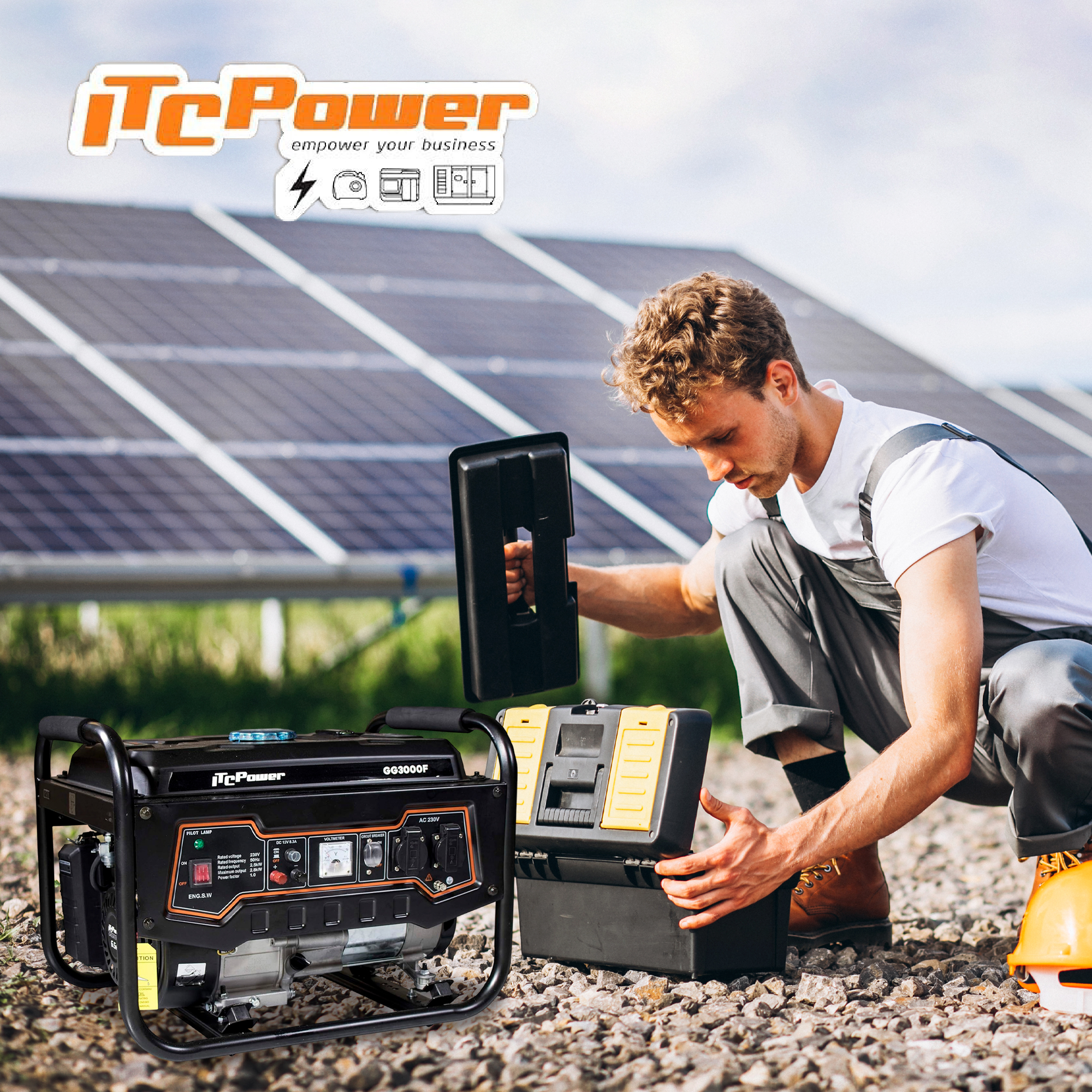 Un hombre abre una caja de herramientas cerca de un generador y paneles solares. El logo dice iTcPower. El hombre lleva una camisa blanca y un mono gris.