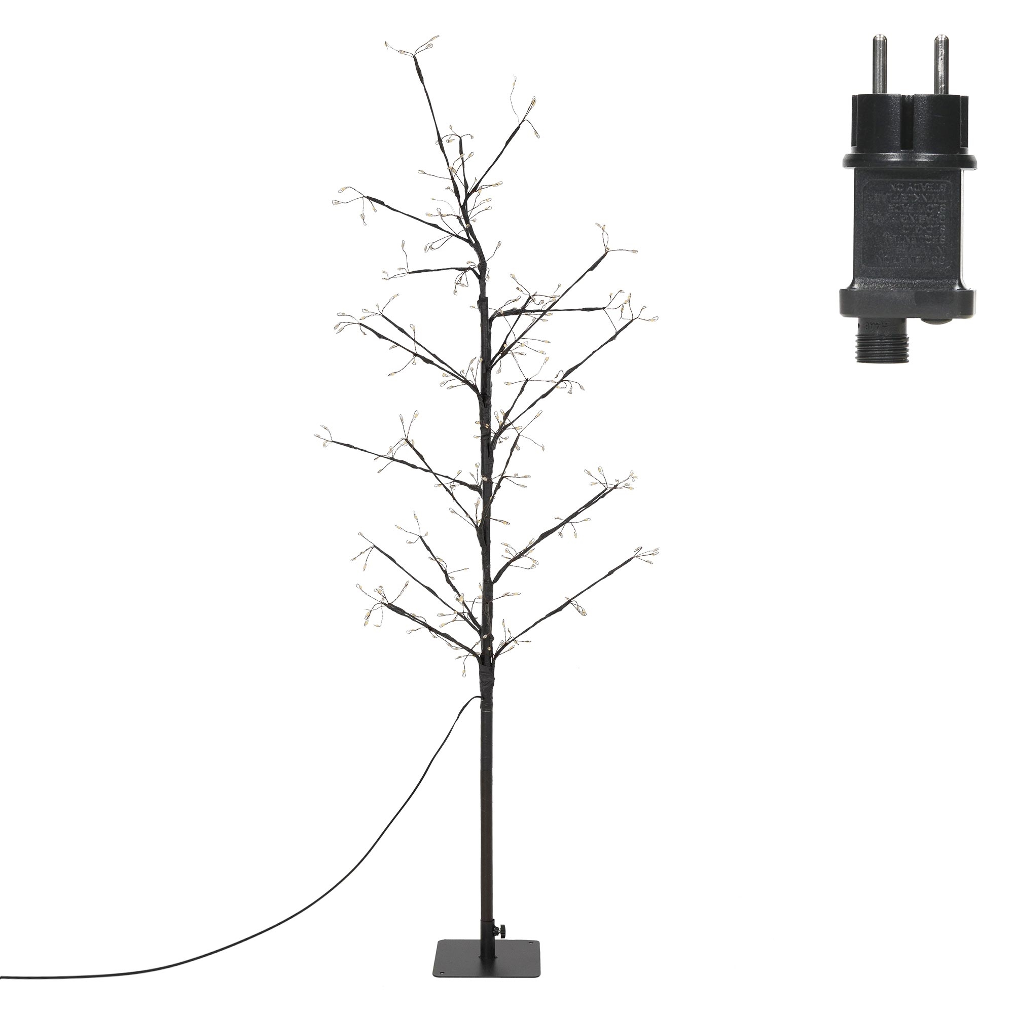 Ein schwarzer Deko-Baum mit kleinen weißen Lichtern und einem schwarzen Stecker auf weißem Hintergrund. Der Baum ist beleuchtet und wirkt künstlich.
