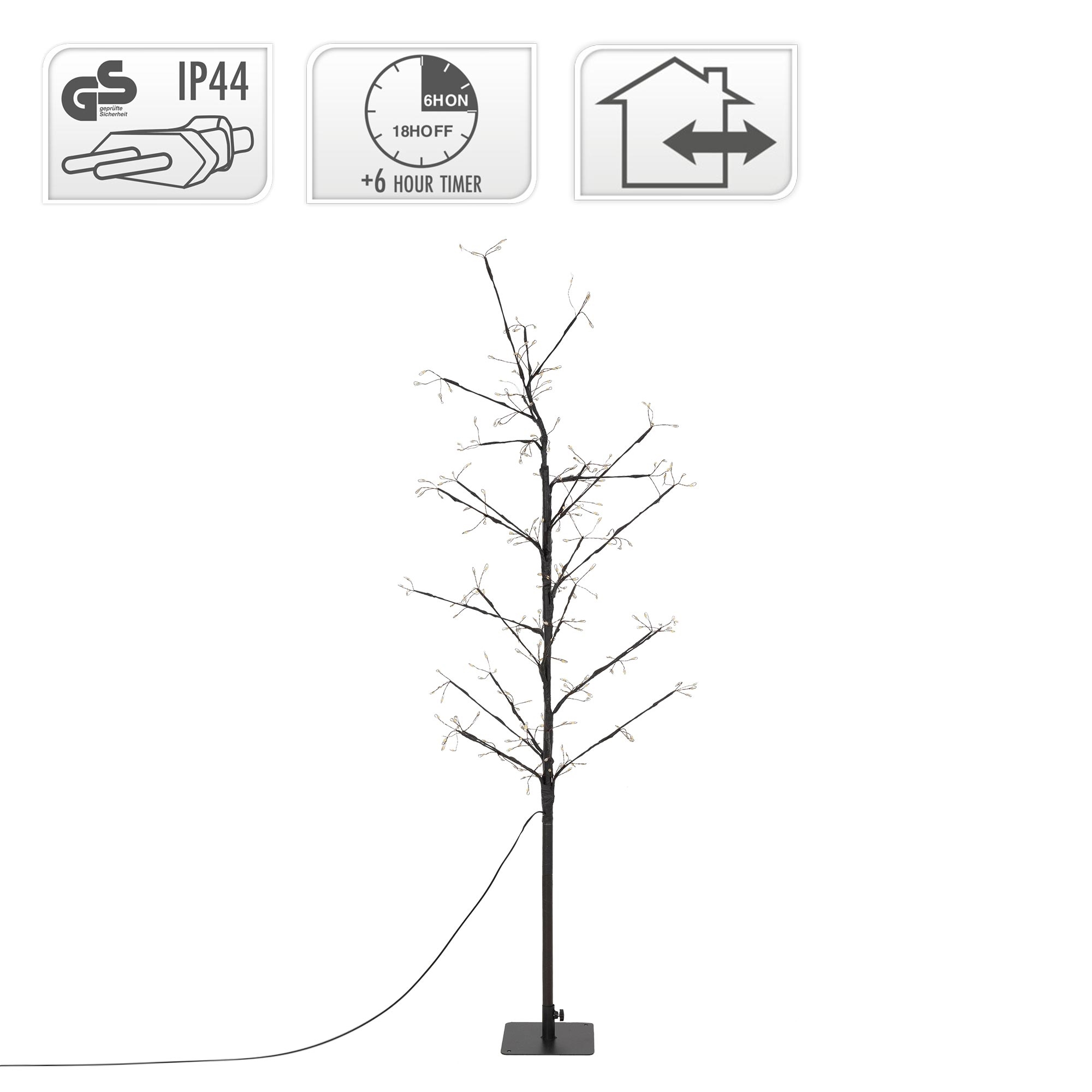 Ein dekorativer LED-Baum mit schwarzen Ästen und weißen Lichtern. Er hat einen schwarzen Sockel und ein Netzkabel. Symbole sind im Hintergrund.