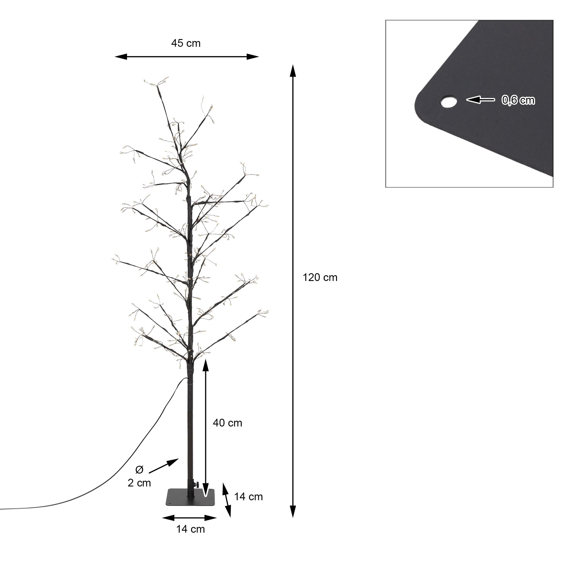 Ein schwarzer dekorativer Baum mit Lichtern wird gezeigt, mit Maßen und einer Nahaufnahme eines kleinen Lochs.