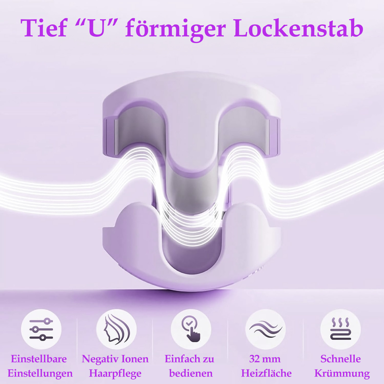 Ein lilafarbenes Lockenstab mit U-förmigem Design. Merkmale umfassen einstellbare Einstellungen, Haarpflege mit negativen Ionen, einfach zu bedienen.