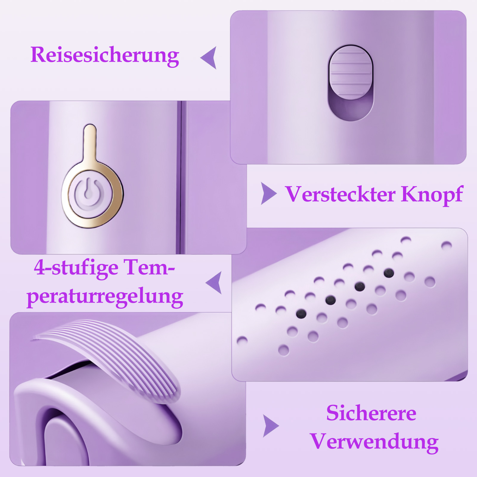 Nahaufnahme eines lilafarbenen Geräts mit beschrifteten Funktionen: Ein/Aus-Taste, versteckter Knopf, Temperaturregelung und sicherere Verwendung.