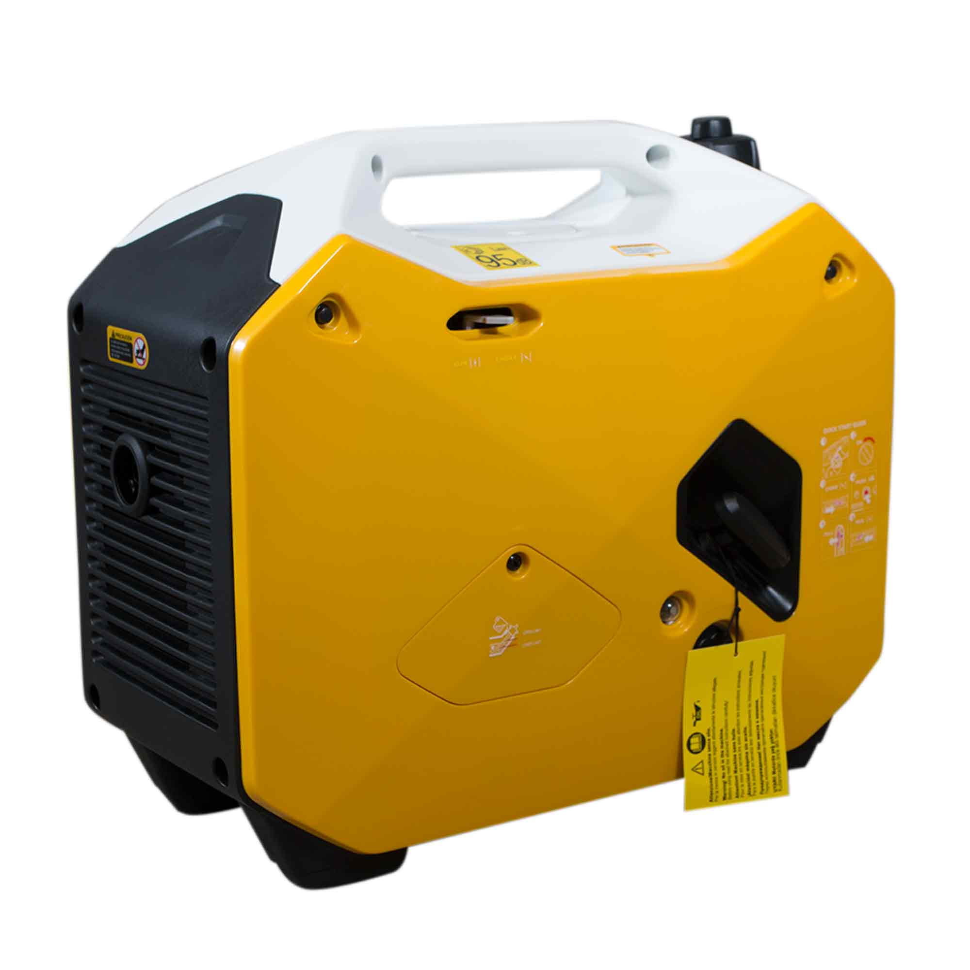 Un generador amarillo y blanco con asa negra. Tiene un panel negro lateral con etiquetas de advertencia y una etiqueta amarilla.