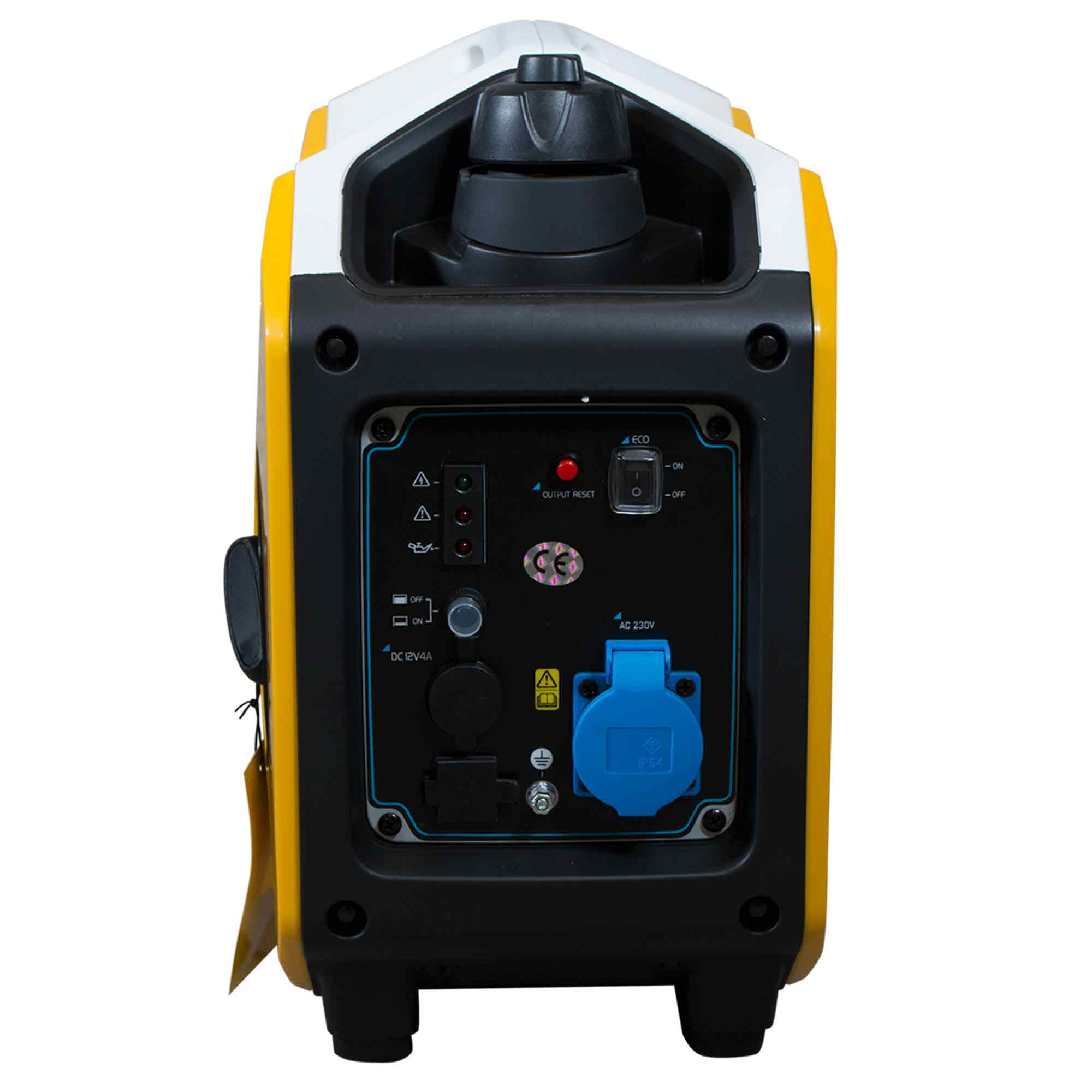 Un generador amarillo y negro con panel de control. Contiene interruptores, enchufes e indicadores. Toma de CA azul visible.