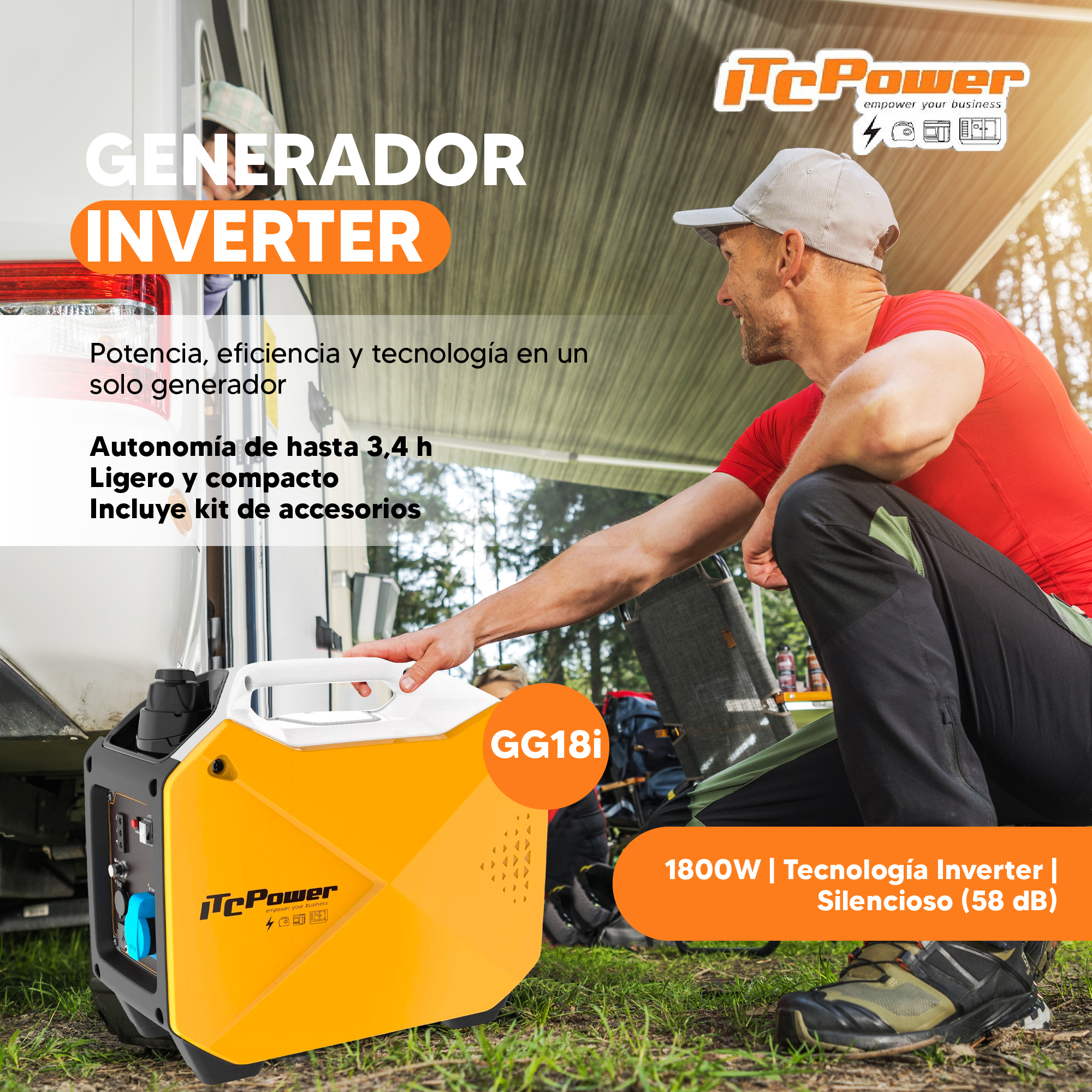 Hombre arrodillado junto a un generador amarillo, tocándolo. El texto incluye 'GENERADOR INVERTER'. Fondo verde con contexto de camping.