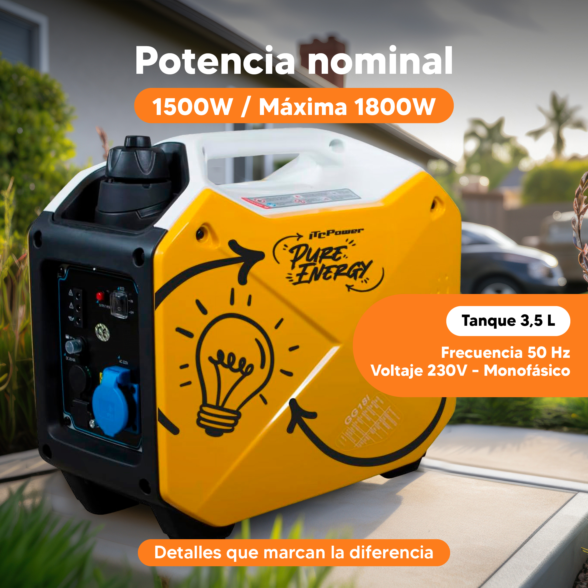 Un generador amarillo con detalles en negro y blanco. El texto incluye detalles de potencia. Un gráfico de bombilla está en el lateral.