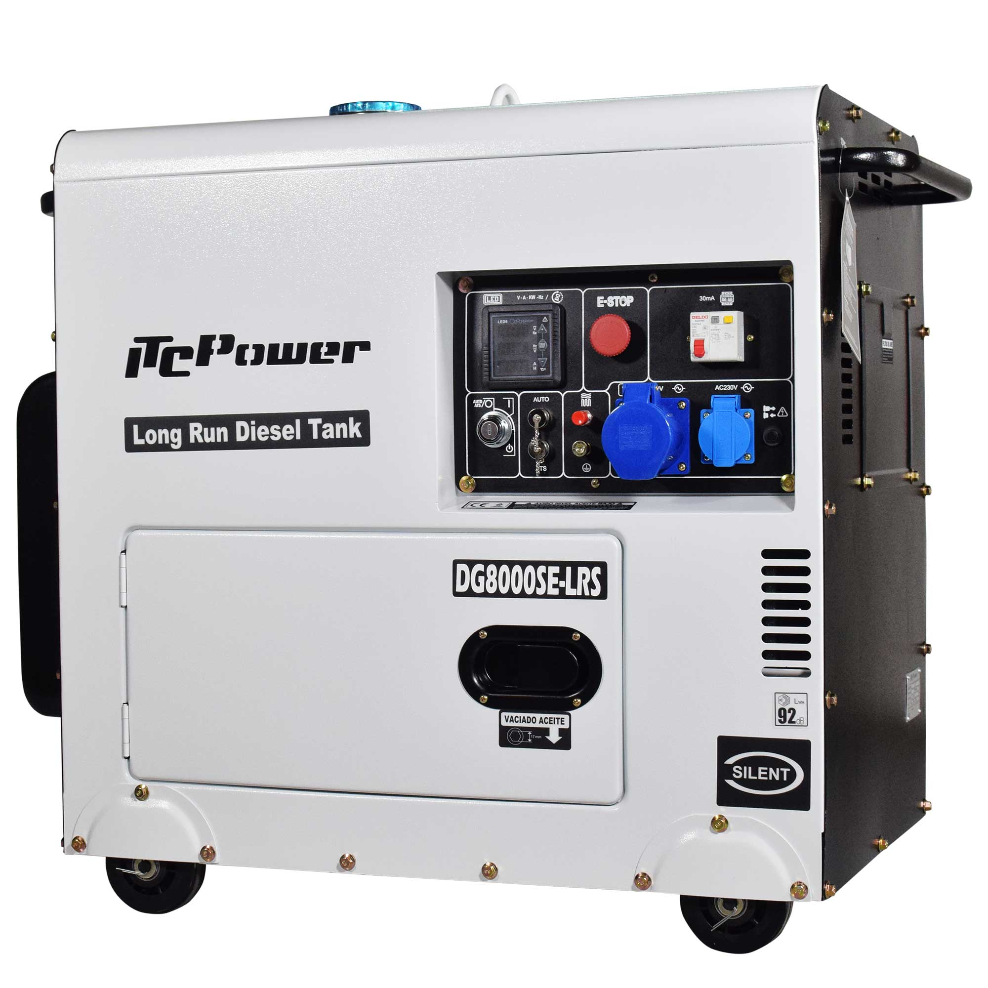 Un generador diésel blanco y negro con panel de control, etiquetado como 'TePower' y 'Long Run Diesel Tank'.