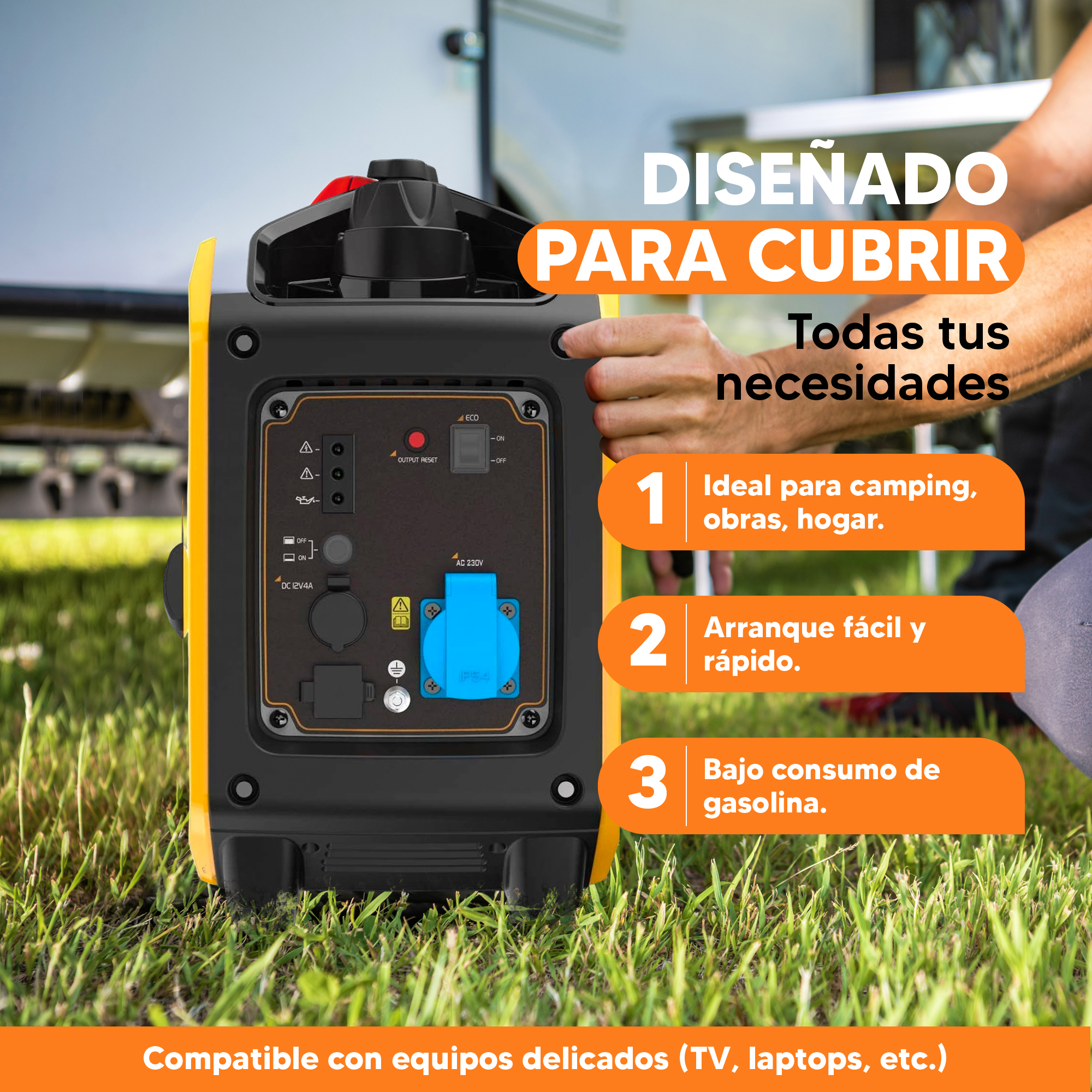 Se muestra un generador amarillo y negro con varios puertos. El texto destaca usos ideales, incluyendo camping, y eficiencia de gasolina.