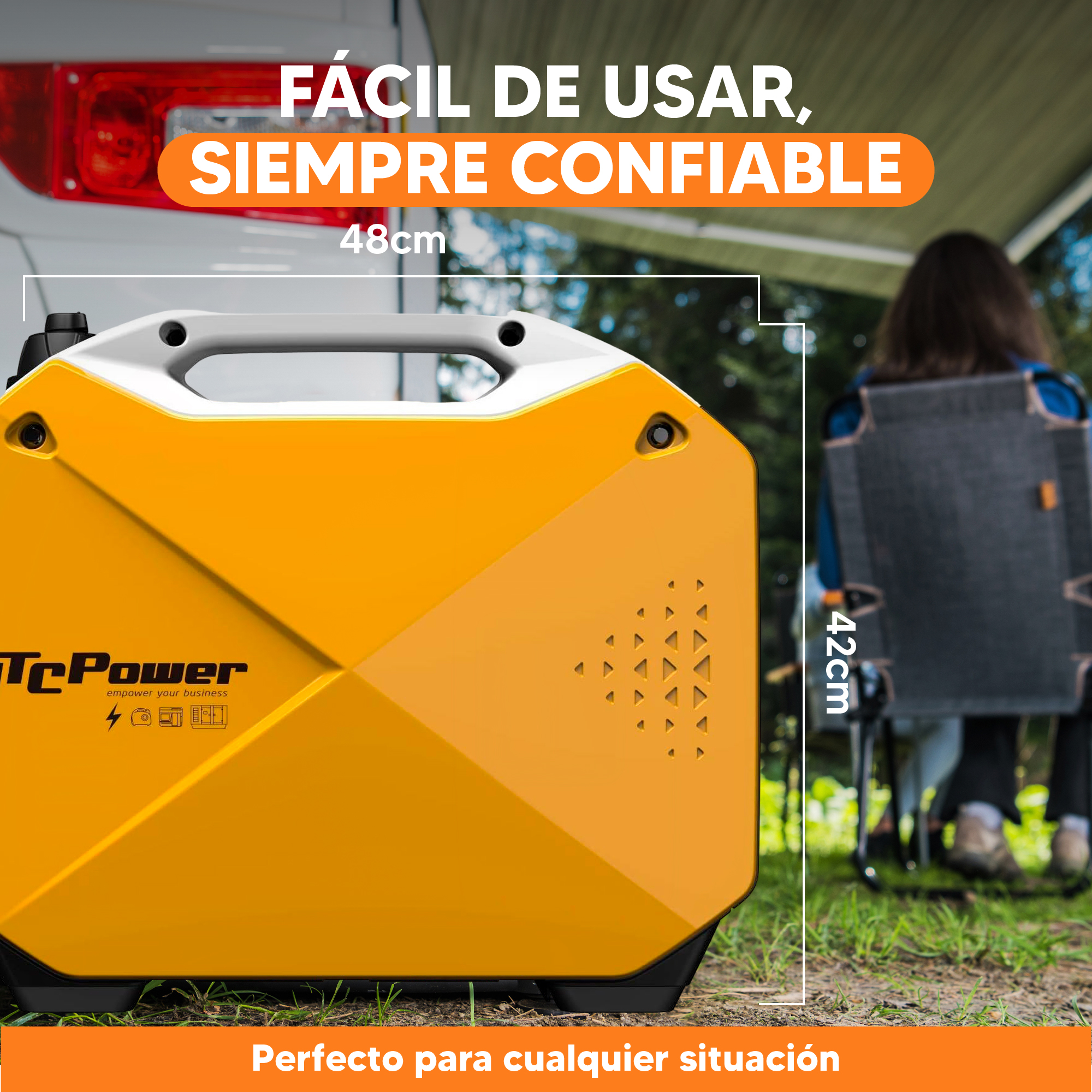Generador amarillo con asa blanca, texto 'FÁCIL DE USAR, SIEMPRE CONFIABLE'. Persona en silla en el fondo.
