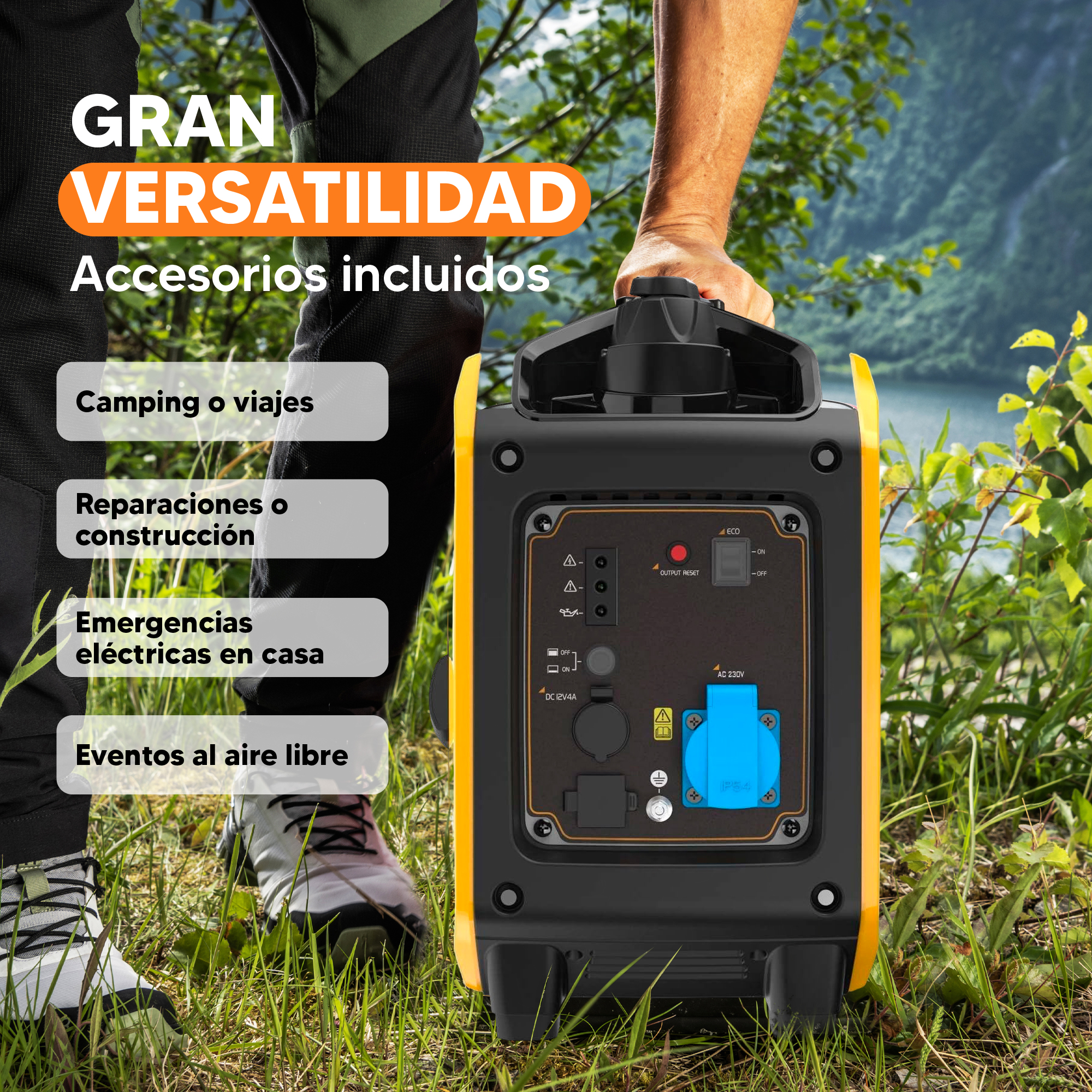 Una persona sostiene un generador negro y amarillo. El fondo muestra un lago y montañas, con etiquetas de texto para usos.