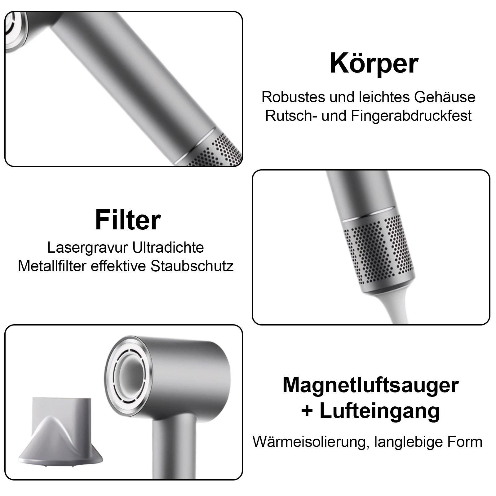 Das Bild zeigt Teile eines metallischen Haartrockners. Die Teile sind beschriftet: Filter, Körper, Magnetluftsauger + Lufteingang.