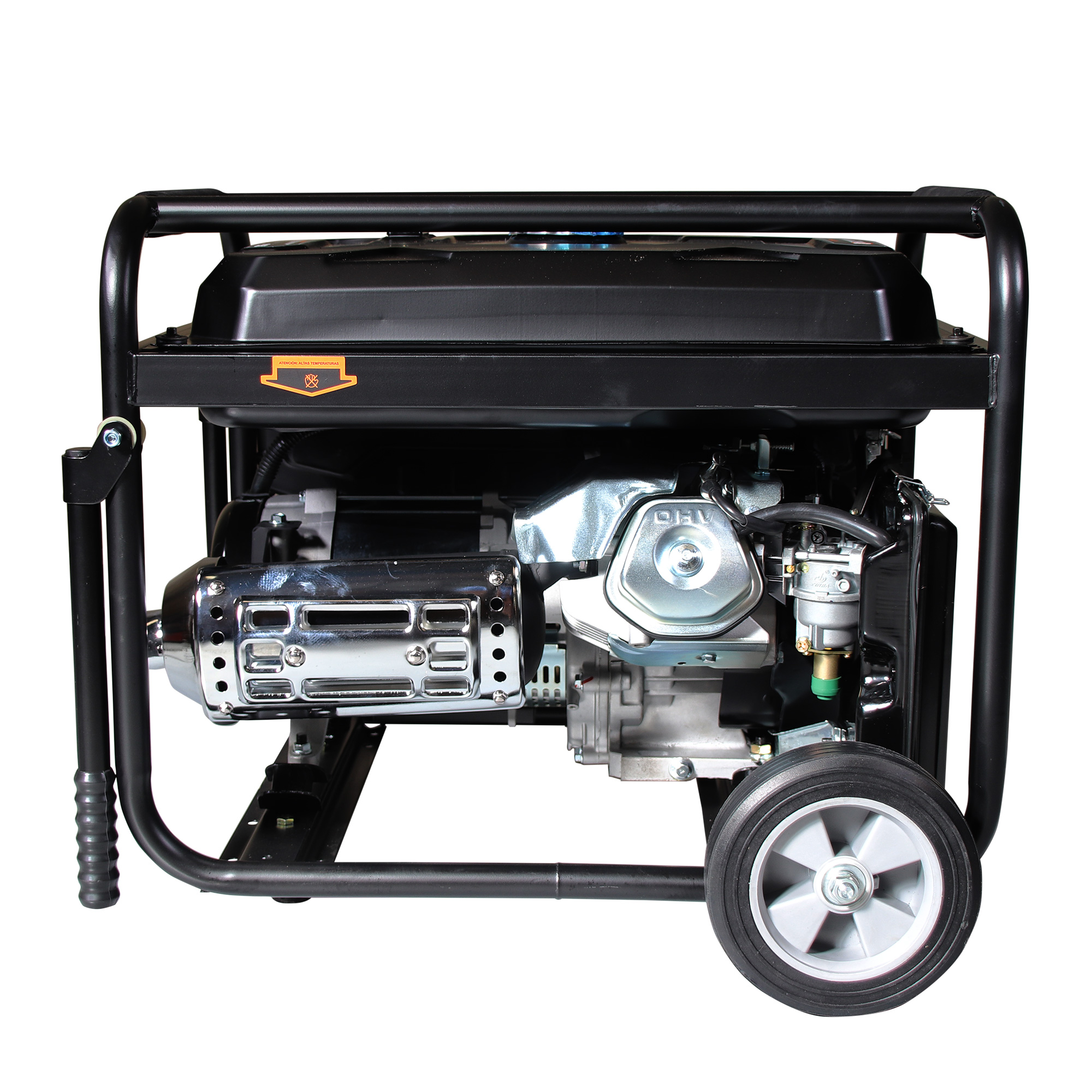 Generador negro con motor plateado. Tiene un marco negro y una rueda. El fondo es blanco.