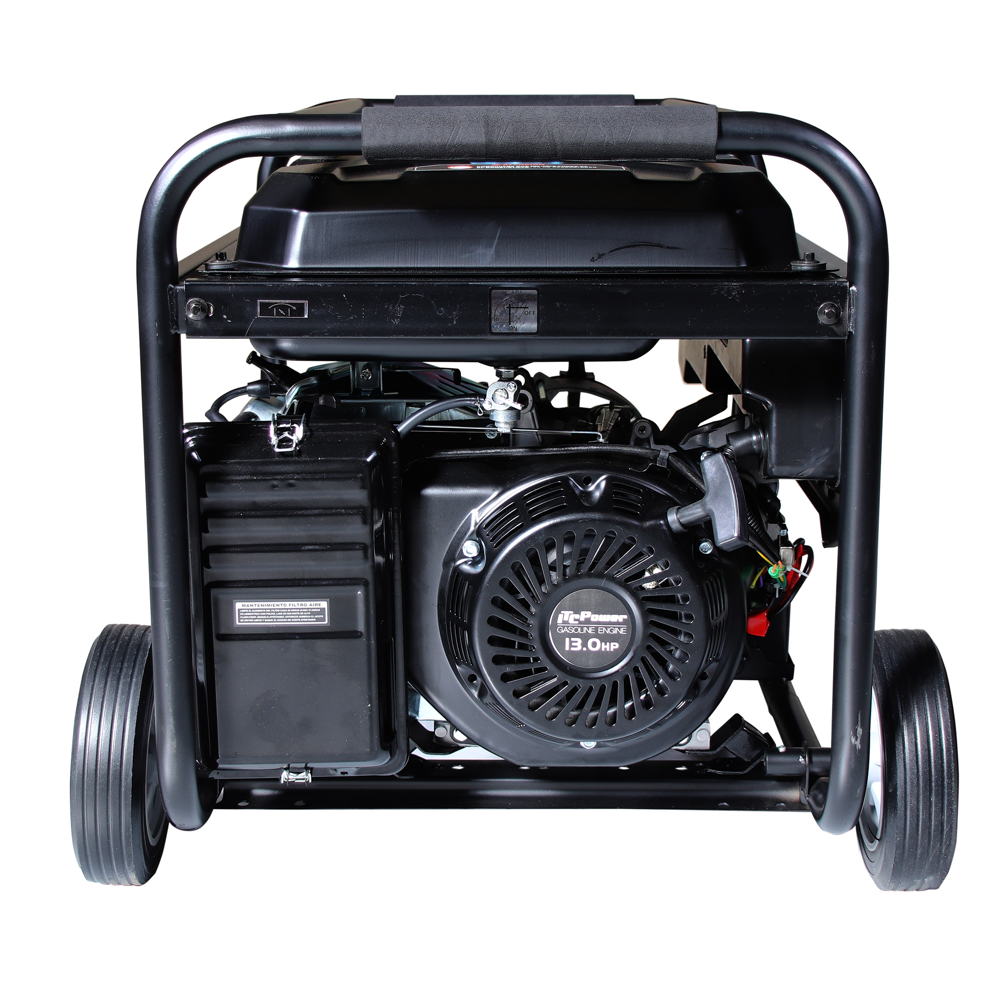 Un generador de gasolina negro. Tiene un marco negro con ruedas y un asa. El motor es visible y la marca es ItcPower.