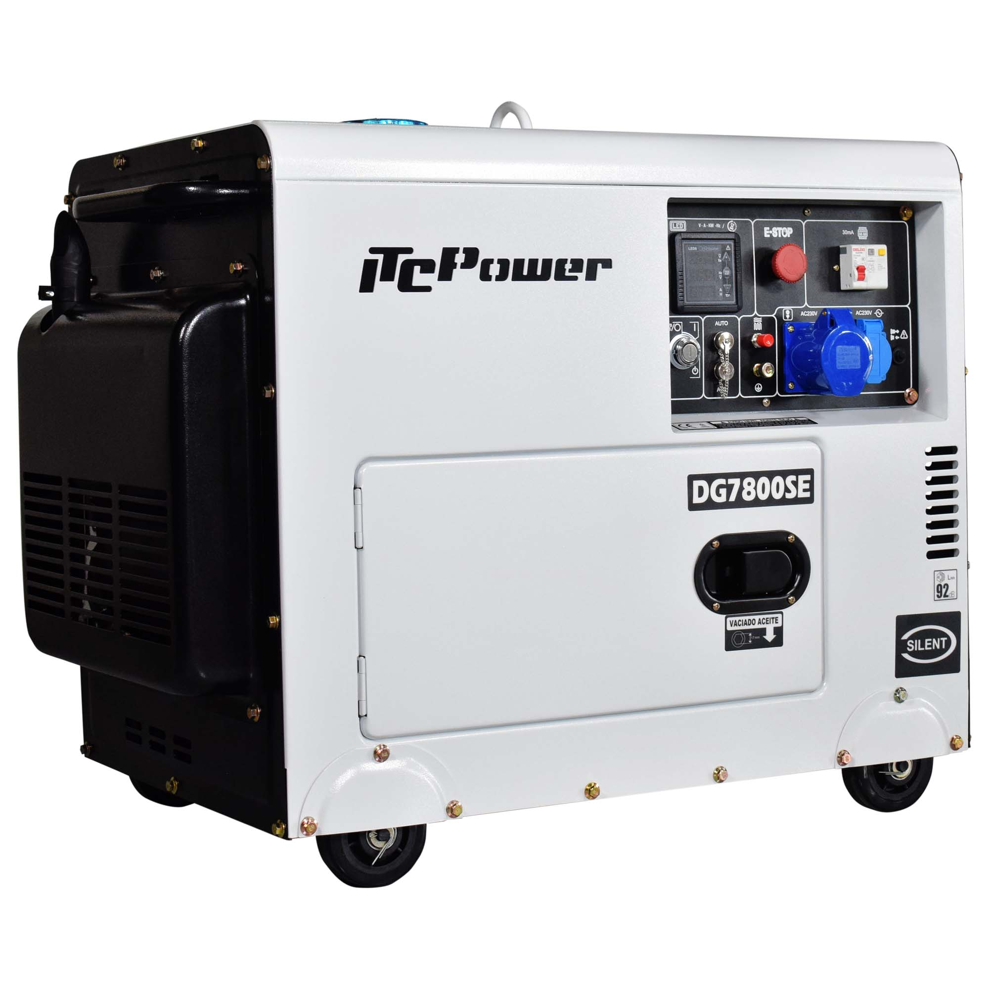 Un generador blanco con detalles en negro. Tiene paneles de control, un botón rojo de parada de emergencia y enchufes eléctricos azules. Está sobre ruedas.