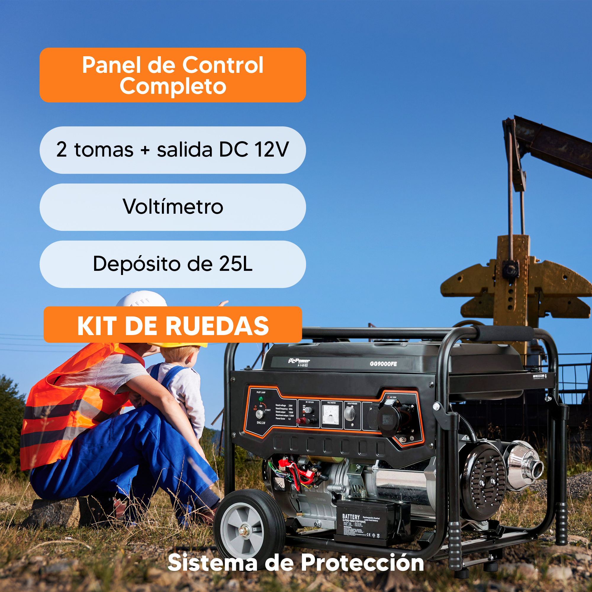 Un generador con panel de control y ruedas. Hay dos personas cerca, y una bomba de aceite en el fondo.