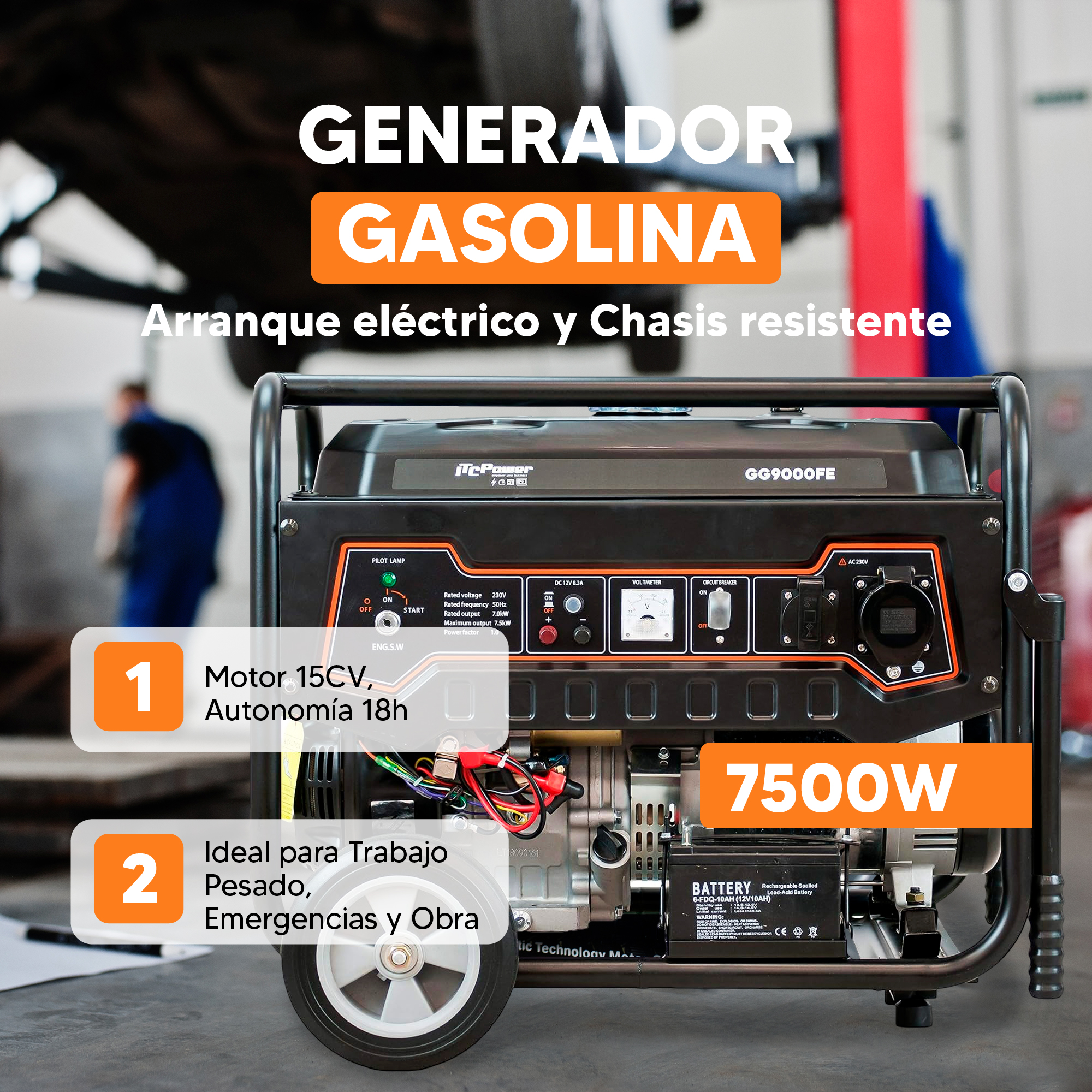 Un generador de gasolina con arranque eléctrico. Cuenta con un motor de 15CV y es apto para trabajos pesados.