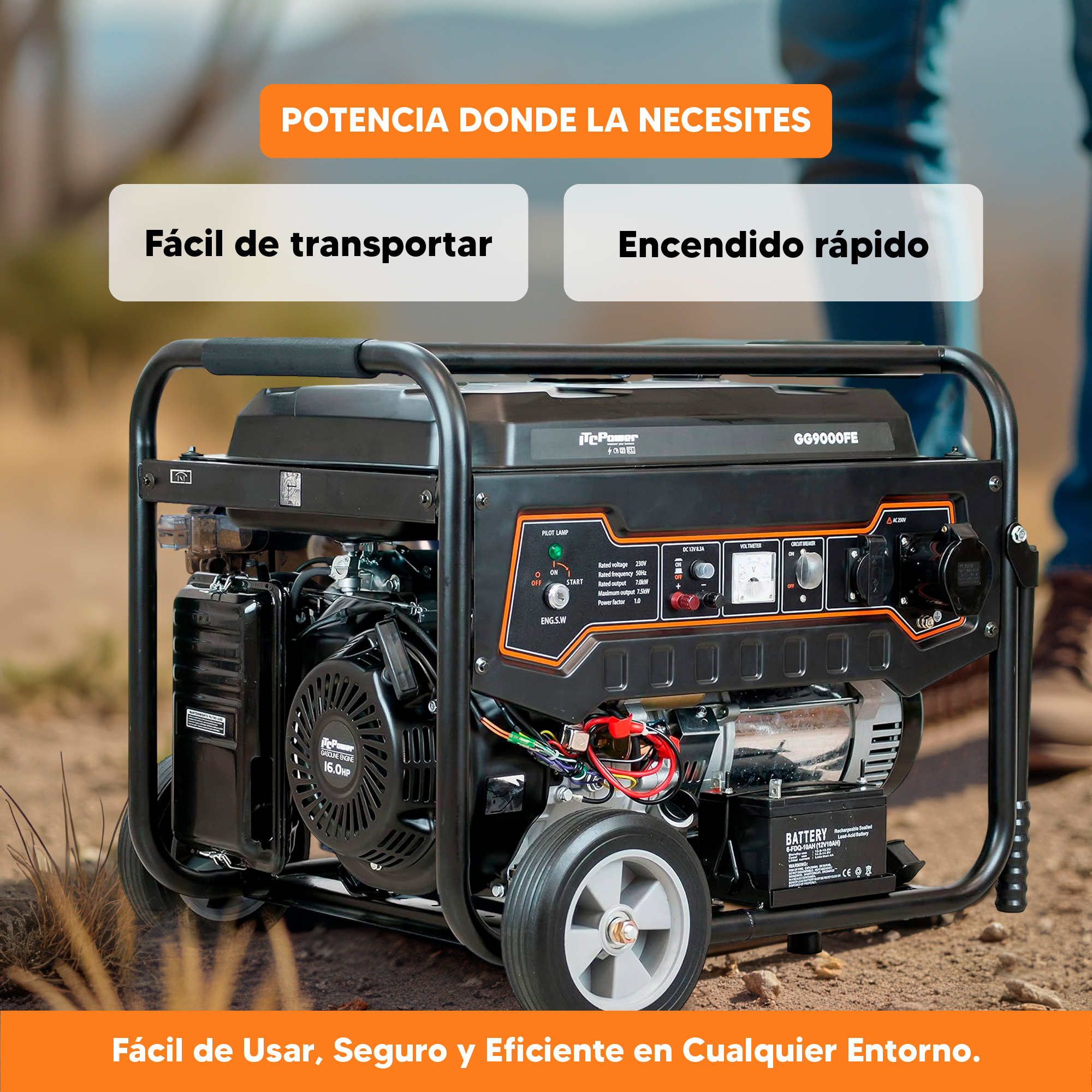 Generador negro con ruedas, panel de control y detalles del motor. Texto: Fácil de transportar, Arranque rápido.
