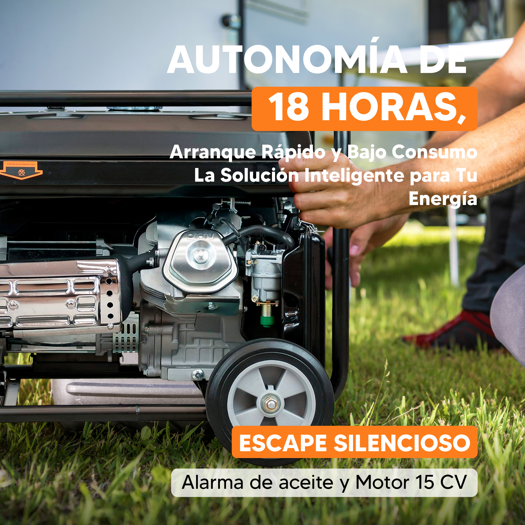 Un generador negro y plateado con ruedas sobre hierba verde. El texto dice 18 horas, escape silencioso, alarma de aceite y motor 15 CV.