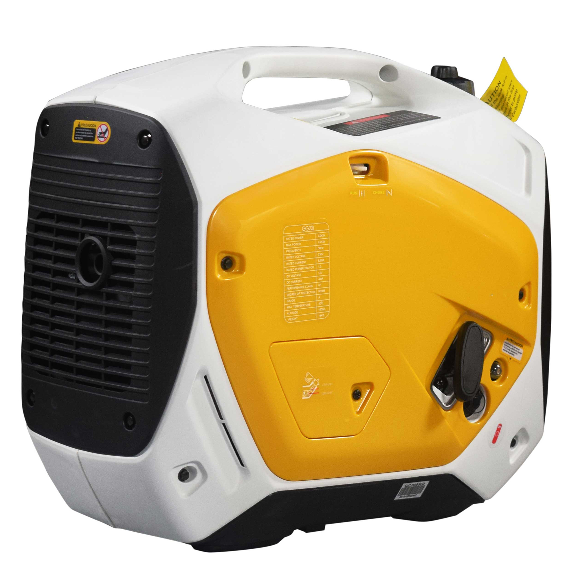 Un generador portátil con carcasa blanca y amarilla. Tiene un asa, rejillas de ventilación y un panel de control con etiquetas y advertencias.